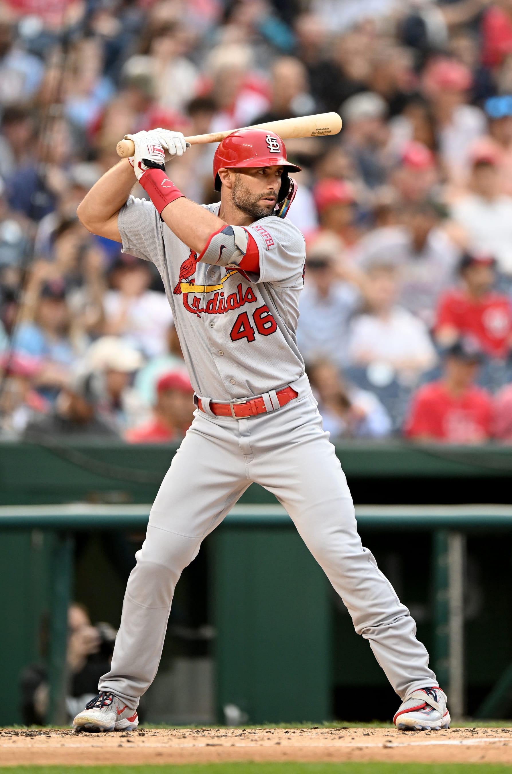 WASHINGTON, DC - JUNE 20: Paul Goldschmidt #46 of the St. Louis Cardinals bats against the Washington Nationals at Nationals Park on June 20, 2023 in Washington, DC. (Photo by G Fiume/Getty Images)