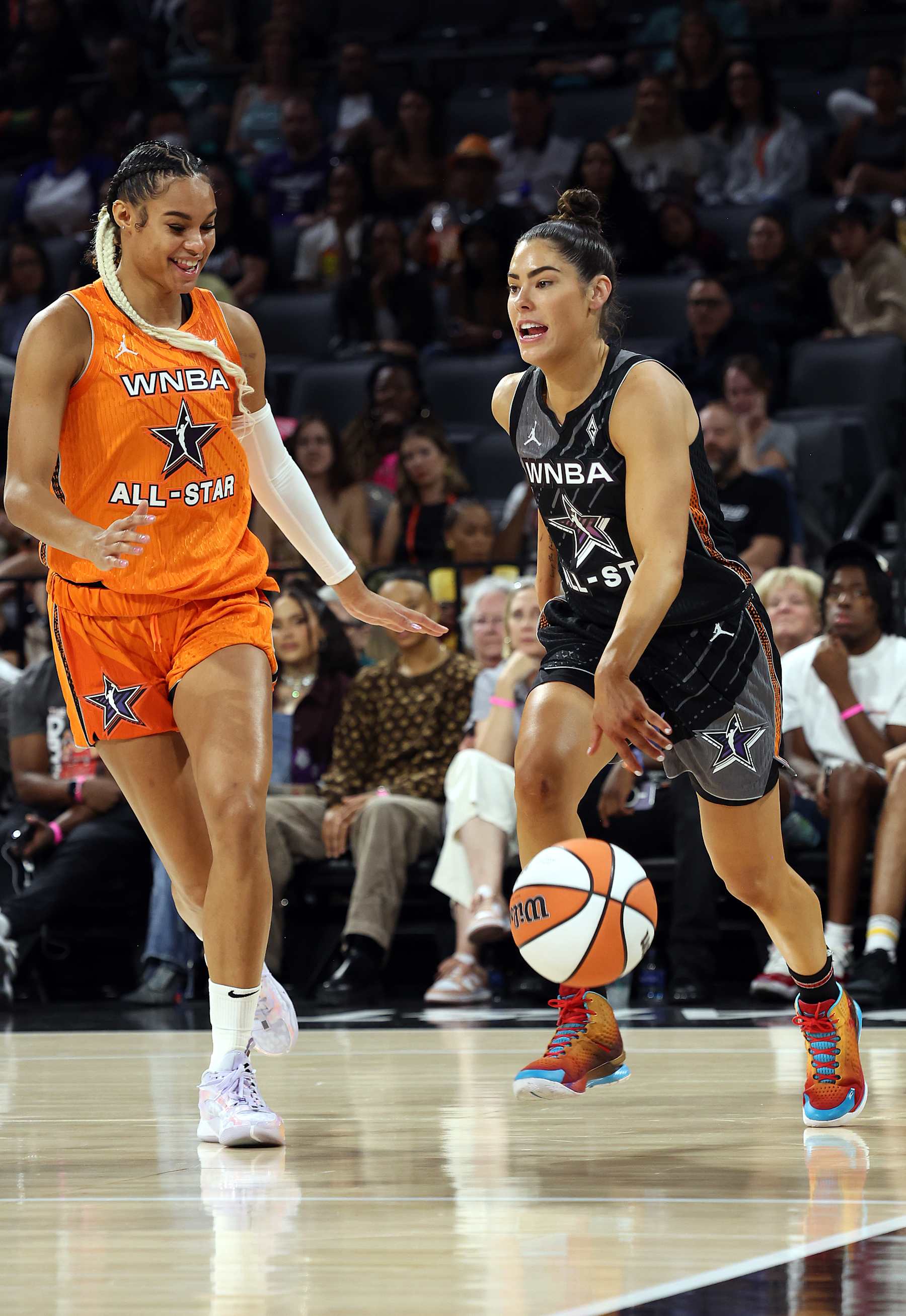 LAS VEGAS, NEVADA - JULY 15:  Kelsey Plum #10 of Team Wilson controls the ball as Satou Sabally #0 of Team Stewart defends during the 2023 WNBA All-Star game at Michelob ULTRA Arena on July 15, 2023 in Las Vegas, Nevada. (Photo by Jamie Squire/Getty Images)