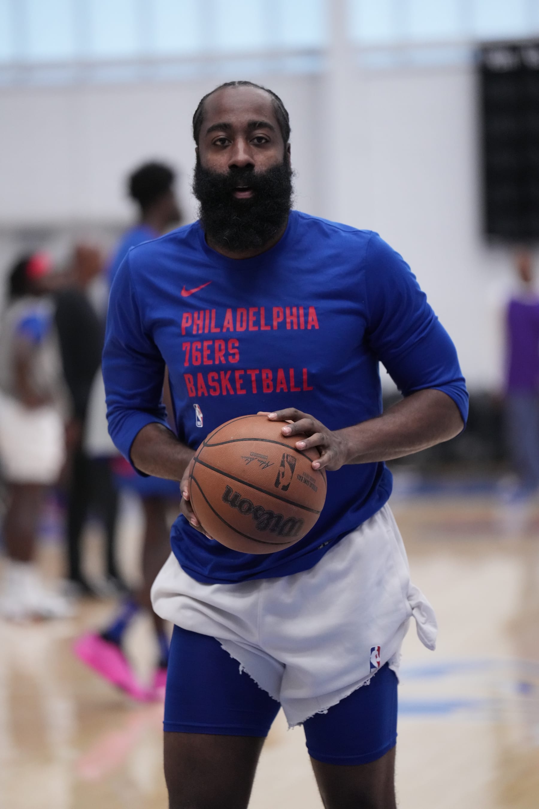 WILMINGTON, DE - OCTOBER 14: James Harden #1 of the Philadelphia 76ers during an open scrimmage on October 14, 2023 at Chase Fieldhouse in Wilmington, Delaware. NOTE TO USER: User expressly acknowledges and agrees that, by downloading and/or using this Photograph, user is consenting to the terms and conditions of the Getty Images License Agreement. Mandatory Copyright Notice: Copyright 2023 NBAE (Photo by Jesse D. Garrabrant/NBAE via Getty Images)