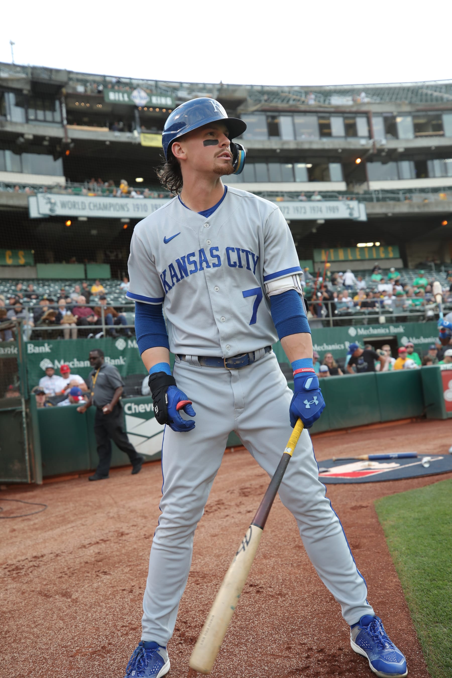 OAKLAND, CA - AUGUST 21: Bobby Witt Jr. #7 of the Kansas City Royals before the game against the Oakland Athletics at RingCentral Coliseum on August 21, 2023 in Oakland, California. The Athletics defeated the Royals 6-4. (Photo by Michael Zagaris/Oakland Athletics/Getty Images)
