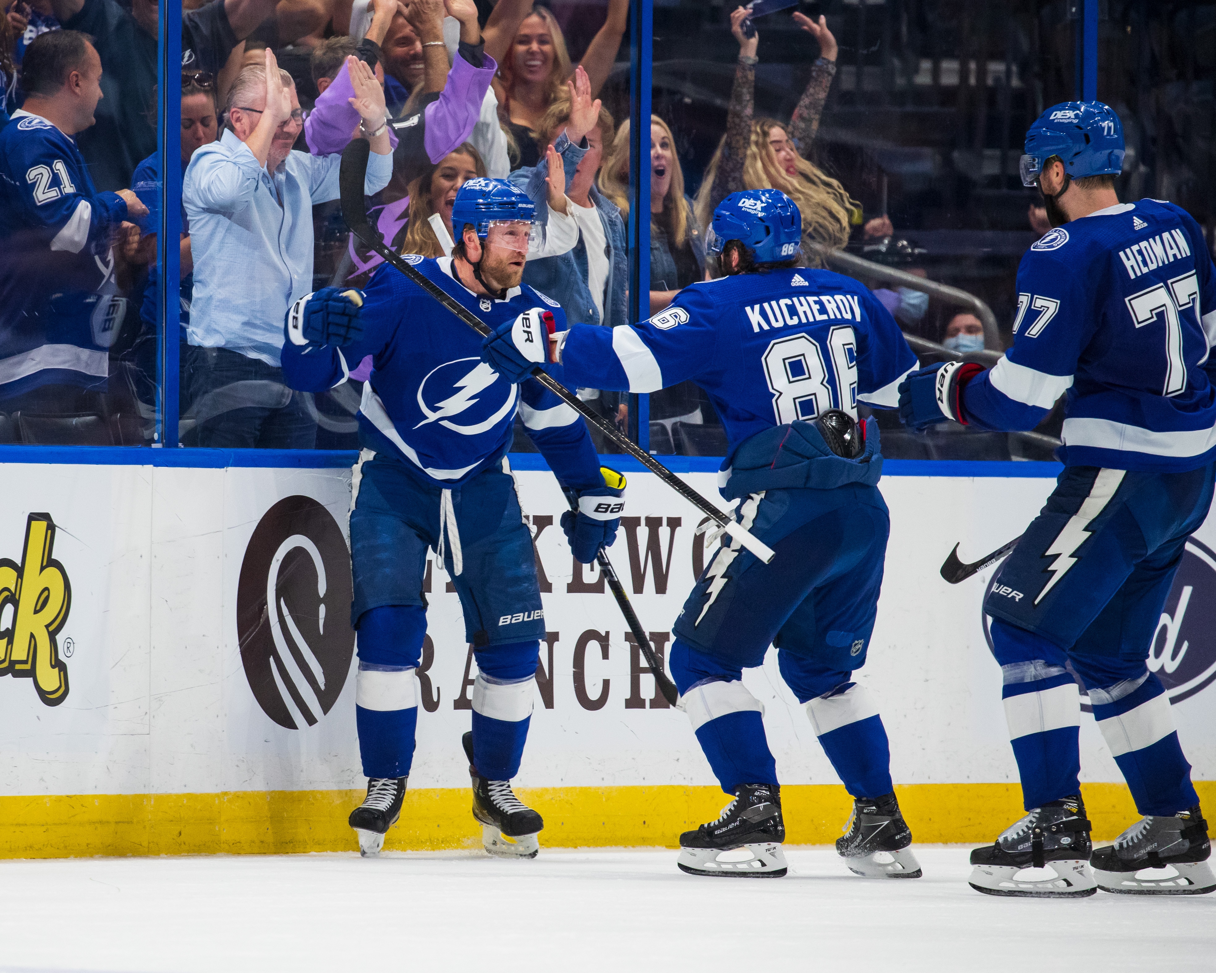 TAMPA, FL - June 5: Steven Stamkos #91 of the Tampa Bay Lightning celebrates a goal against the Carolina Hurricanes during the second period in Game Four of the Second Round of the 2021 Stanley Cup Playoffs at Amalie Arena on June 5, 2021 in Tampa, Florida. (Photo by Scott Audette/NHLI via Getty Images)