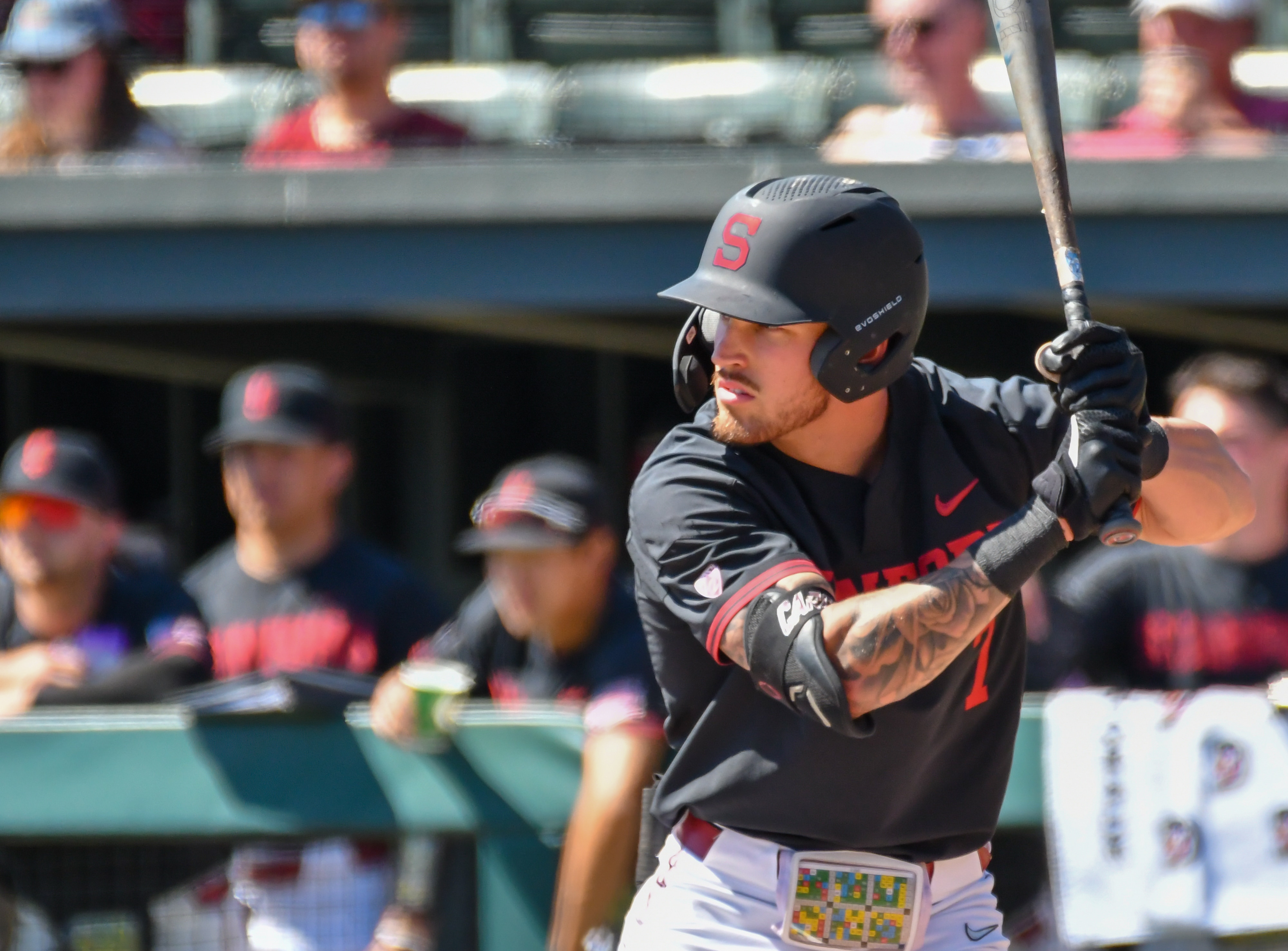 STANFORD, CA - MARCH 26: Stanford Cardinal outfielder Brock Jones (7) at bat during the game between the Washington State Cougars and the Stanford Cardinal on Saturday, March 26, 2022 at Klein Field in Palo Alto, California. (Photo by Douglas Stringer/Icon Sportswire via Getty Images)