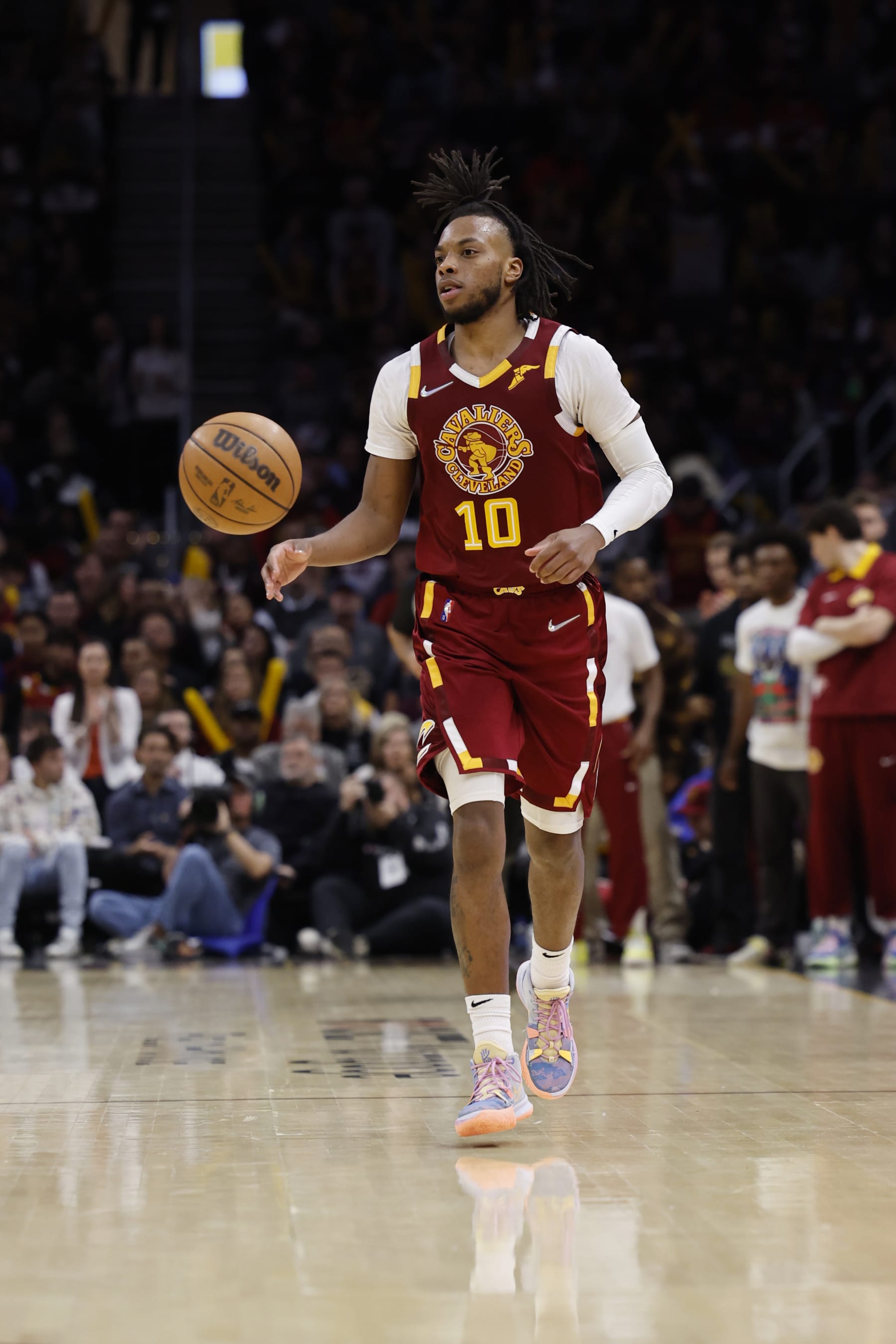 CLEVELAND, OHIO - APRIL 15:  Darius Garland #10 of the Cleveland Cavaliers dribbles against the Atlanta Hawks at Rocket Mortgage Fieldhouse on April 15, 2022 in Cleveland, Ohio.  NOTE TO USER: User expressly acknowledges and agrees that, by downloading and or using this photograph, User is consenting to the terms and conditions of the Getty Images License Agreement. (Photo by Rick Osentoski/Getty Images)