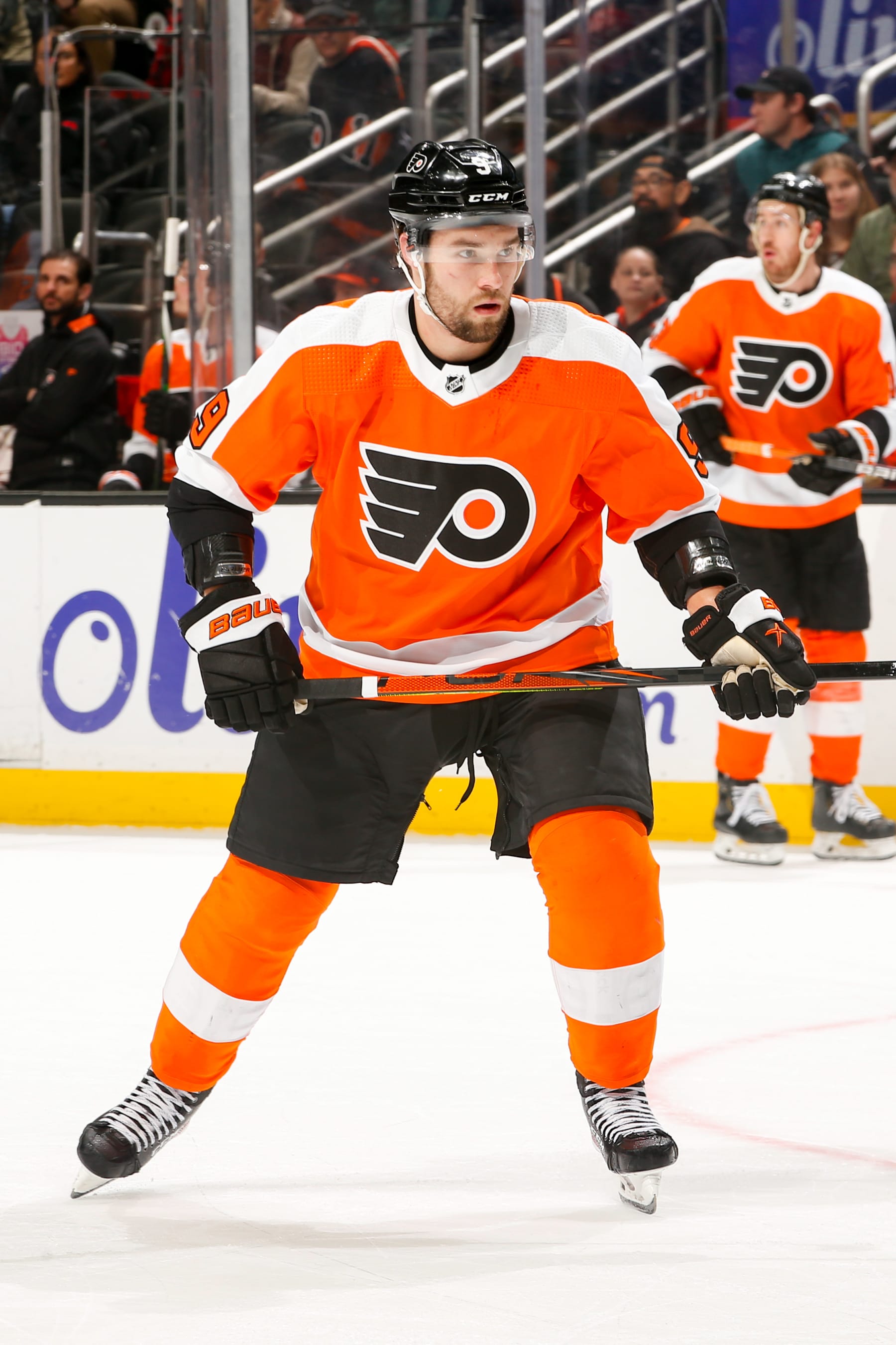 ANAHEIM, CA - JANUARY 2:  Ivan Provorov #9 of the Philadelphia Flyers skates on the ice during the first period against the Anaheim Ducks at Honda Center on January 2, 2022 in Anaheim, California. (Photo by Debora Robinson/NHLI via Getty Images)
