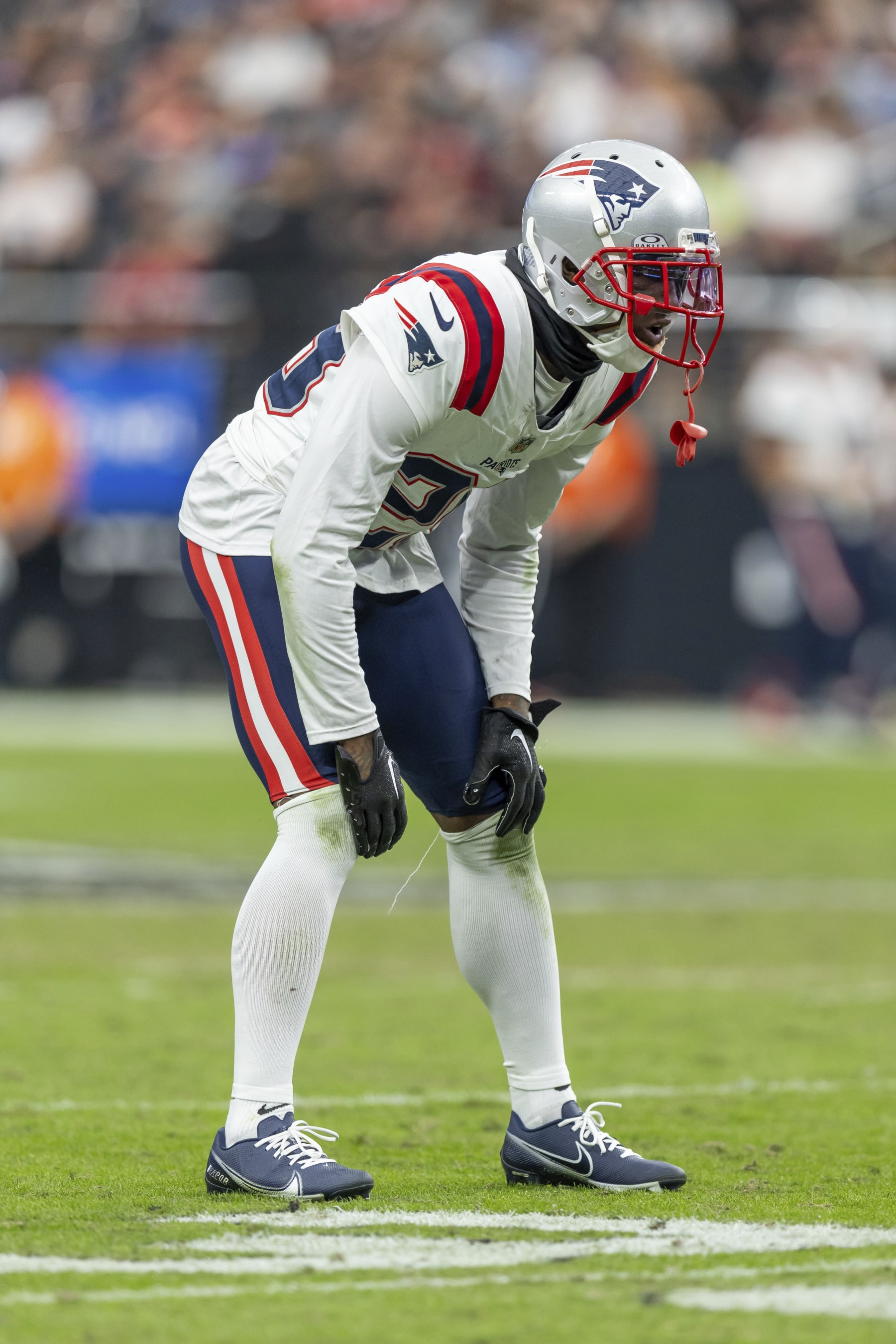New England Patriots cornerback J.C. Jackson (29) against the Las Vegas Raiders in an NFL football game, Sunday, Oct. 15, 2023, in Las Vegas, NV. (AP Photo/Jeff Lewis)