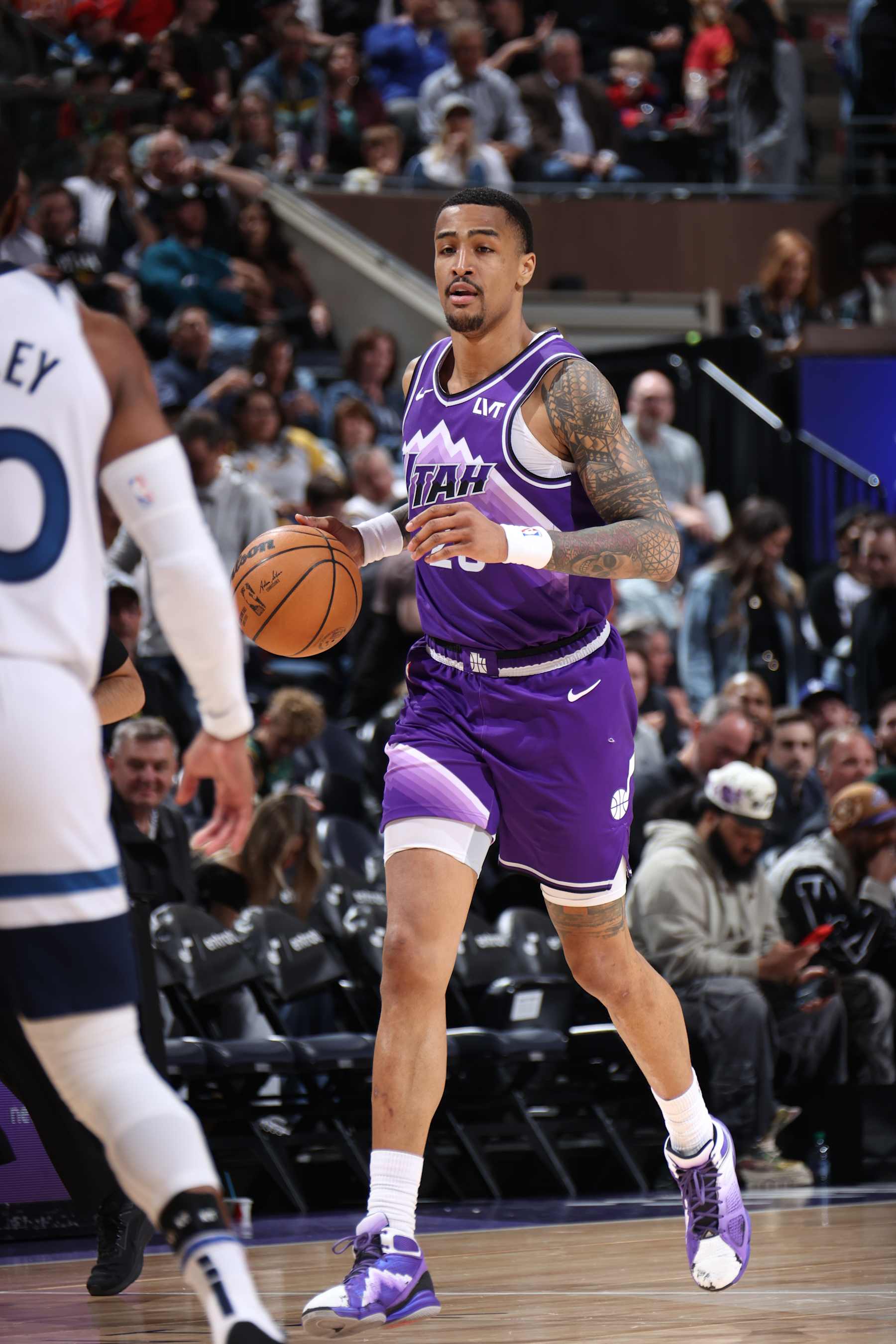 SALT LAKE CITY, UT - MARCH 18: John Collins #20 of the Utah Jazz handles the ball during the game against the Minnesota Timberwolves on March 18, 2024 at Delta Center in Salt Lake City, Utah. NOTE TO USER: User expressly acknowledges and agrees that, by downloading and or using this Photograph, User is consenting to the terms and conditions of the Getty Images License Agreement. Mandatory Copyright Notice: Copyright 2024 NBAE (Photo by Melissa Majchrzak/NBAE via Getty Images)