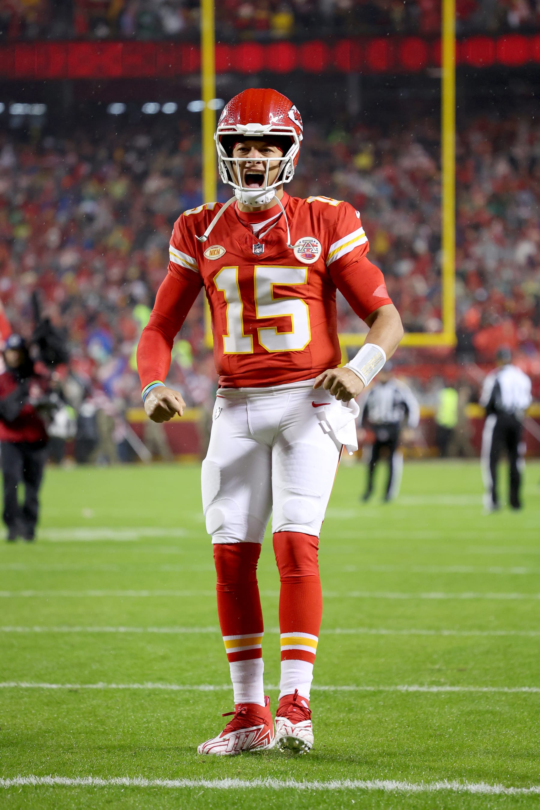KANSAS CITY, MISSOURI - NOVEMBER 20: Patrick Mahomes #15 of the Kansas City Chiefs reacts before their game against the Philadelphia Eagles at GEHA Field at Arrowhead Stadium on November 20, 2023 in Kansas City, Missouri. (Photo by Jamie Squire/Getty Images)