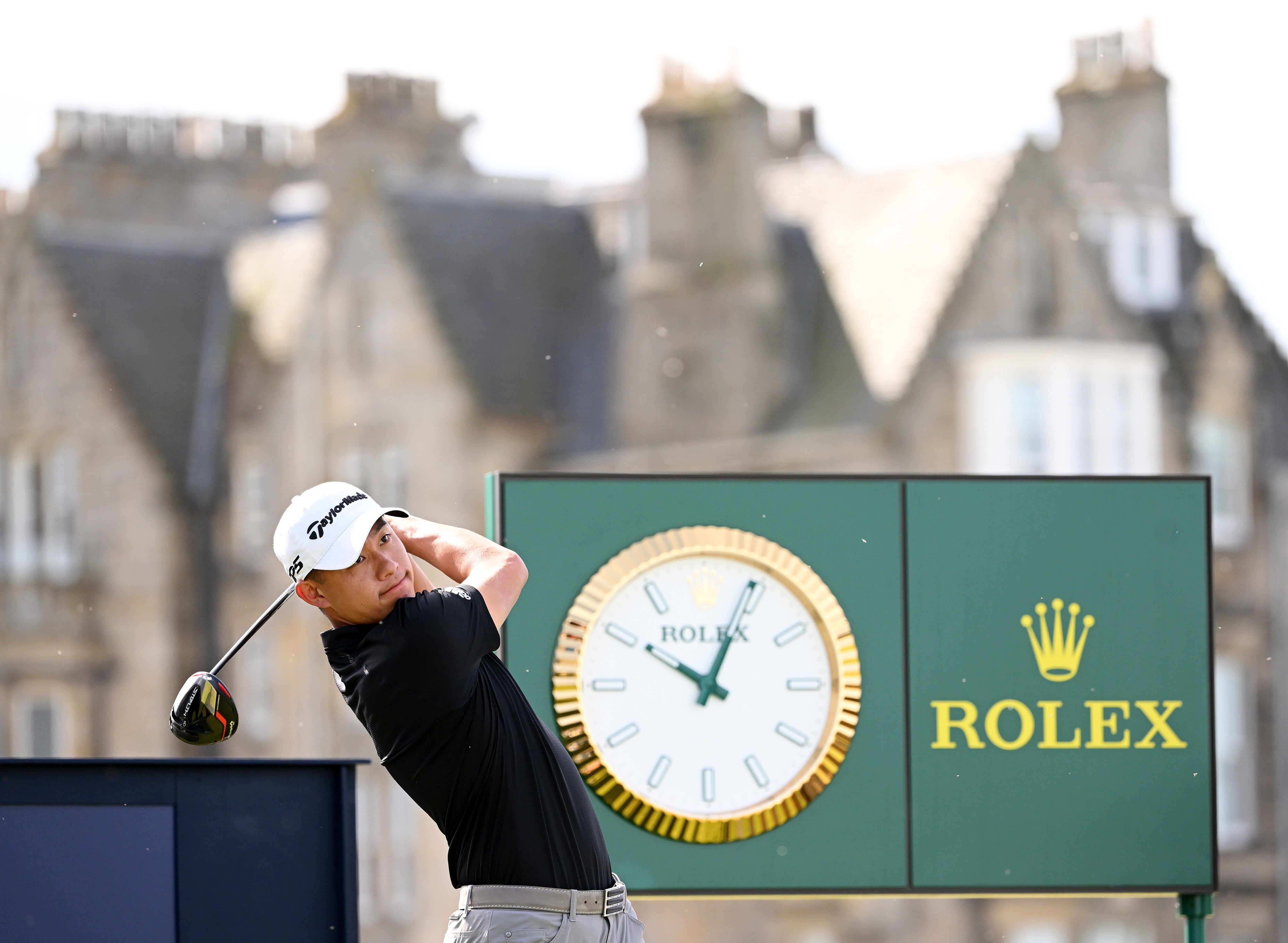 ST ANDREWS, SCOTLAND - JULY 11: Collin Morikawa of The United States tees off the 2nd during a practice round prior to The 150th Open at St Andrews Old Course on July 11, 2022 in St Andrews, Scotland. (Photo by Ross Kinnaird/Getty Images)