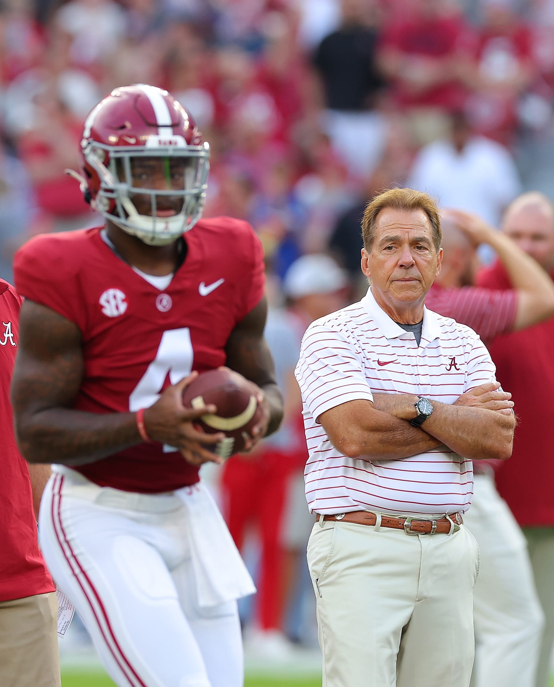 TUSCALOOSA, ALABAMA - SEPTEMBER 02:  Head coach Nick Saban of the Alabama Crimson Tide looks on as Jalen Milroe #4 of the Alabama Crimson Tide warms up prior to facing the Middle Tennessee Blue Raiders at Bryant-Denny Stadium on September 02, 2023 in Tuscaloosa, Alabama. (Photo by Kevin C. Cox/Getty Images)
