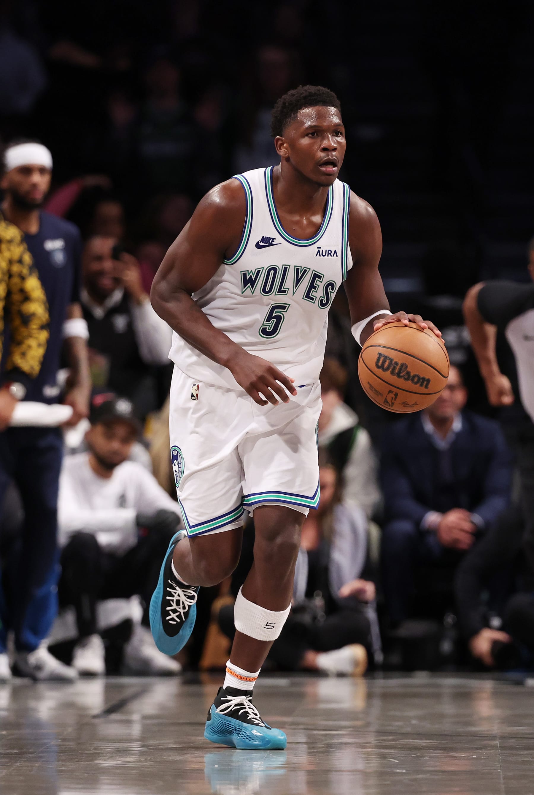 NEW YORK, NEW YORK - JANUARY 25:  Anthony Edwards #5 of the Minnesota Timberwolves in action against the Brooklyn Nets during their game at Barclays Center on January 25, 2024 in New York City.  User expressly acknowledges and agrees that, by downloading and or using this photograph, User is consenting to the terms and conditions of the Getty Images License Agreement.  (Photo by Al Bello/Getty Images)