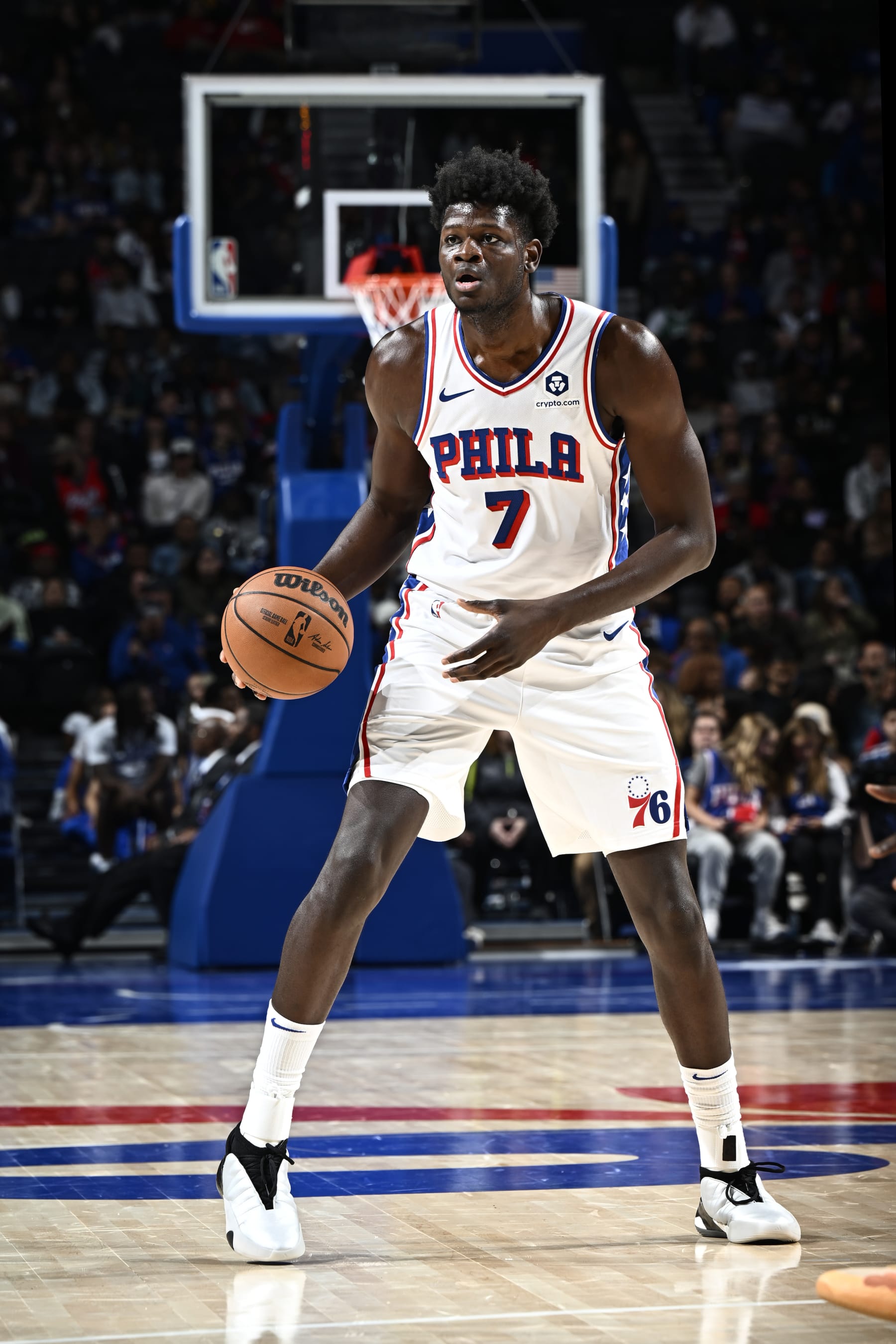 PHILADELPHIA, PA - OCTOBER 11: Mo Bamba #7 of the Philadelphia 76ers dribbles the ball during the game against the Boston Celtics on October 11, 2023 at the Wells Fargo Center in Philadelphia, Pennsylvania NOTE TO USER: User expressly acknowledges and agrees that, by downloading and/or using this Photograph, user is consenting to the terms and conditions of the Getty Images License Agreement. Mandatory Copyright Notice: Copyright 2023 NBAE (Photo by David Dow/NBAE via Getty Images)