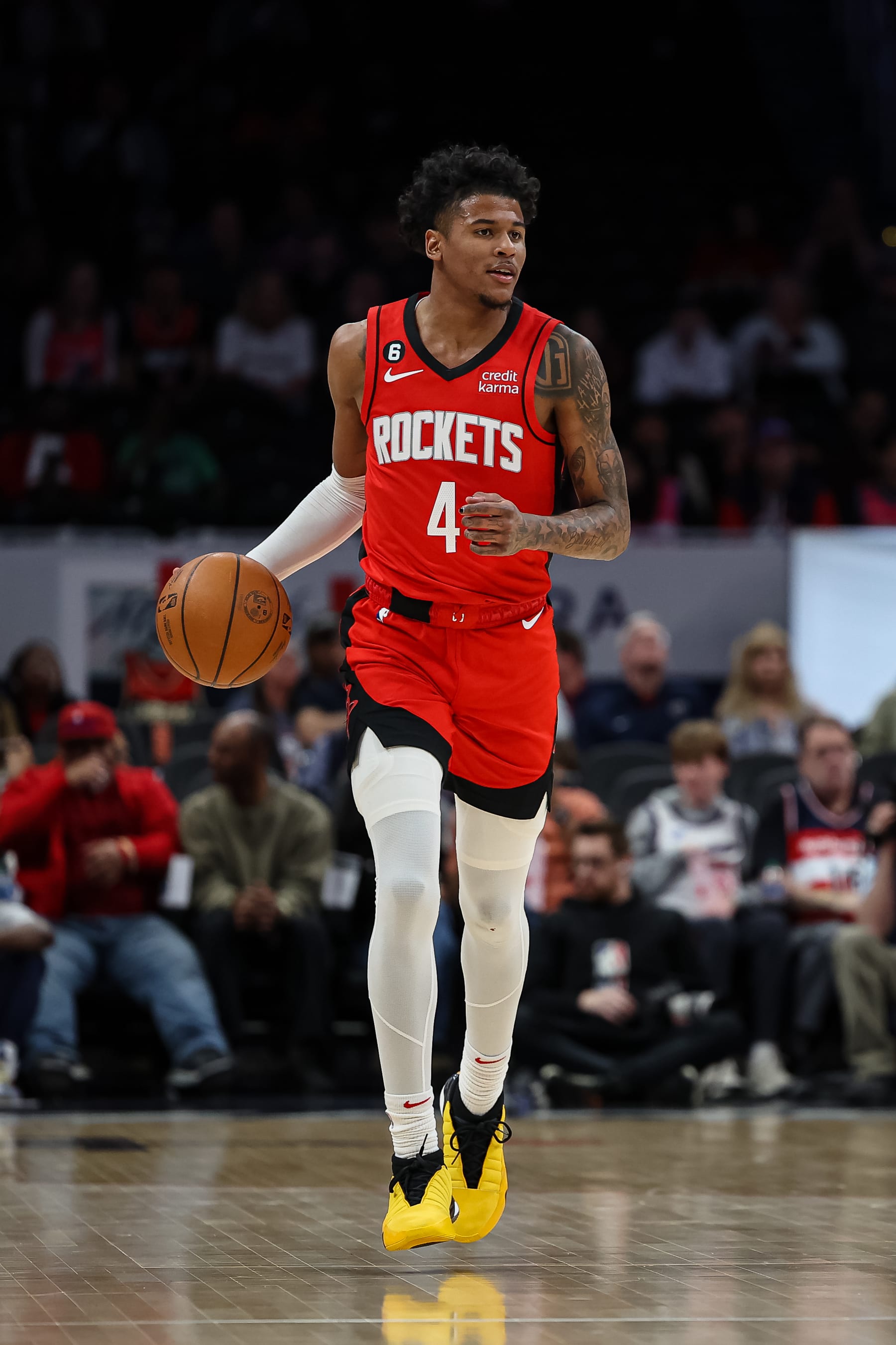 WASHINGTON, DC - APRIL 09: Jalen Green #4 of the Houston Rockets brings the ball up court against the Washington Wizards during the first half at Capital One Arena on April 9, 2023 in Washington, DC. NOTE TO USER: User expressly acknowledges and agrees that, by downloading and or using this photograph, User is consenting to the terms and conditions of the Getty Images License Agreement. (Photo by Scott Taetsch/Getty Images)