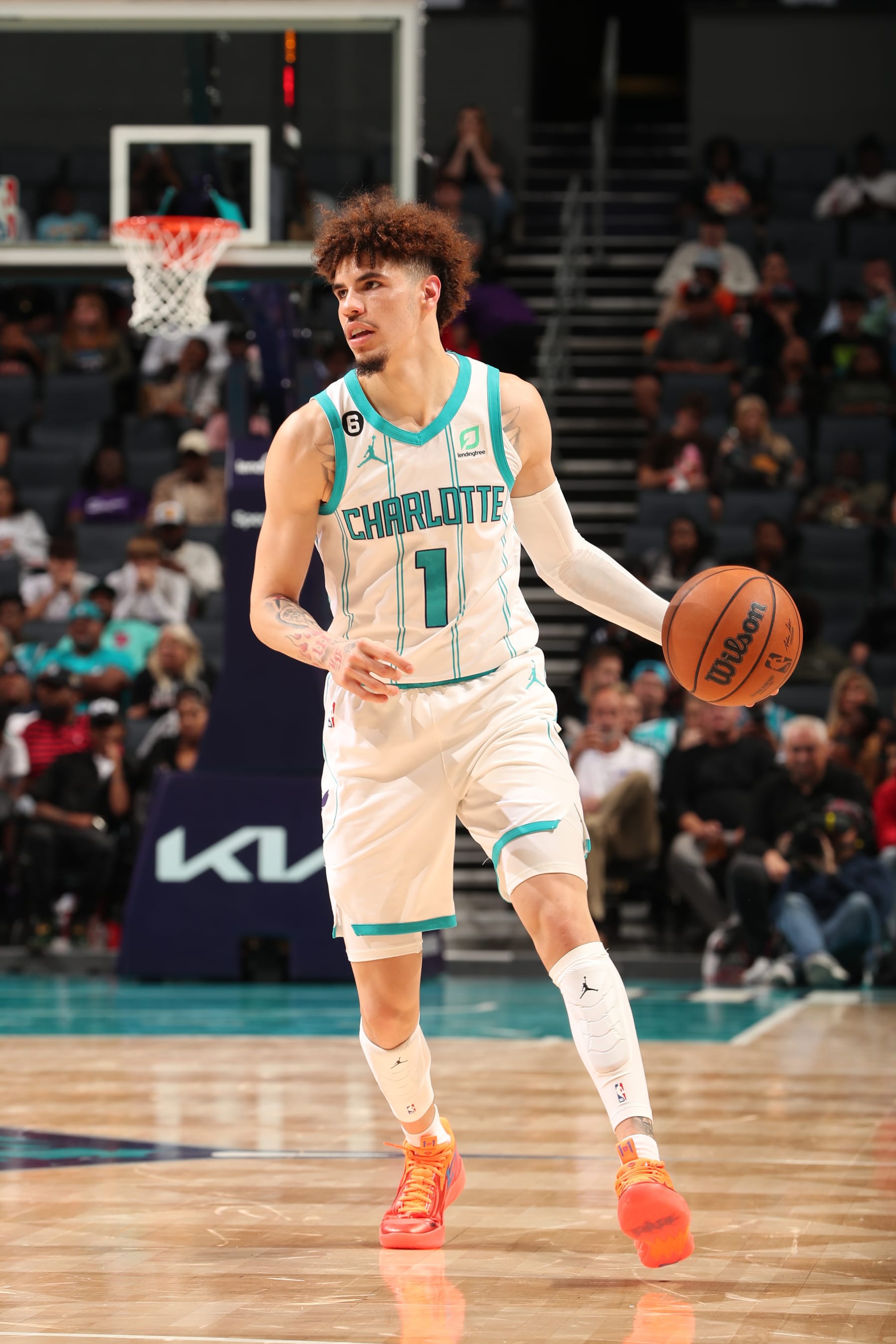 CHARLOTTE, NC - OCTOBER 10: LaMelo Ball #1 of the Charlotte Hornets dribbles the ball during the game against the Washington Wizards on October 10, 2022 at Spectrum Center in Charlotte, North Carolina. NOTE TO USER: User expressly acknowledges and agrees that, by downloading and or using this photograph, User is consenting to the terms and conditions of the Getty Images License Agreement. Mandatory Copyright Notice: Copyright 2022 NBAE (Photo by Kent Smith/NBAE via Getty Images)
