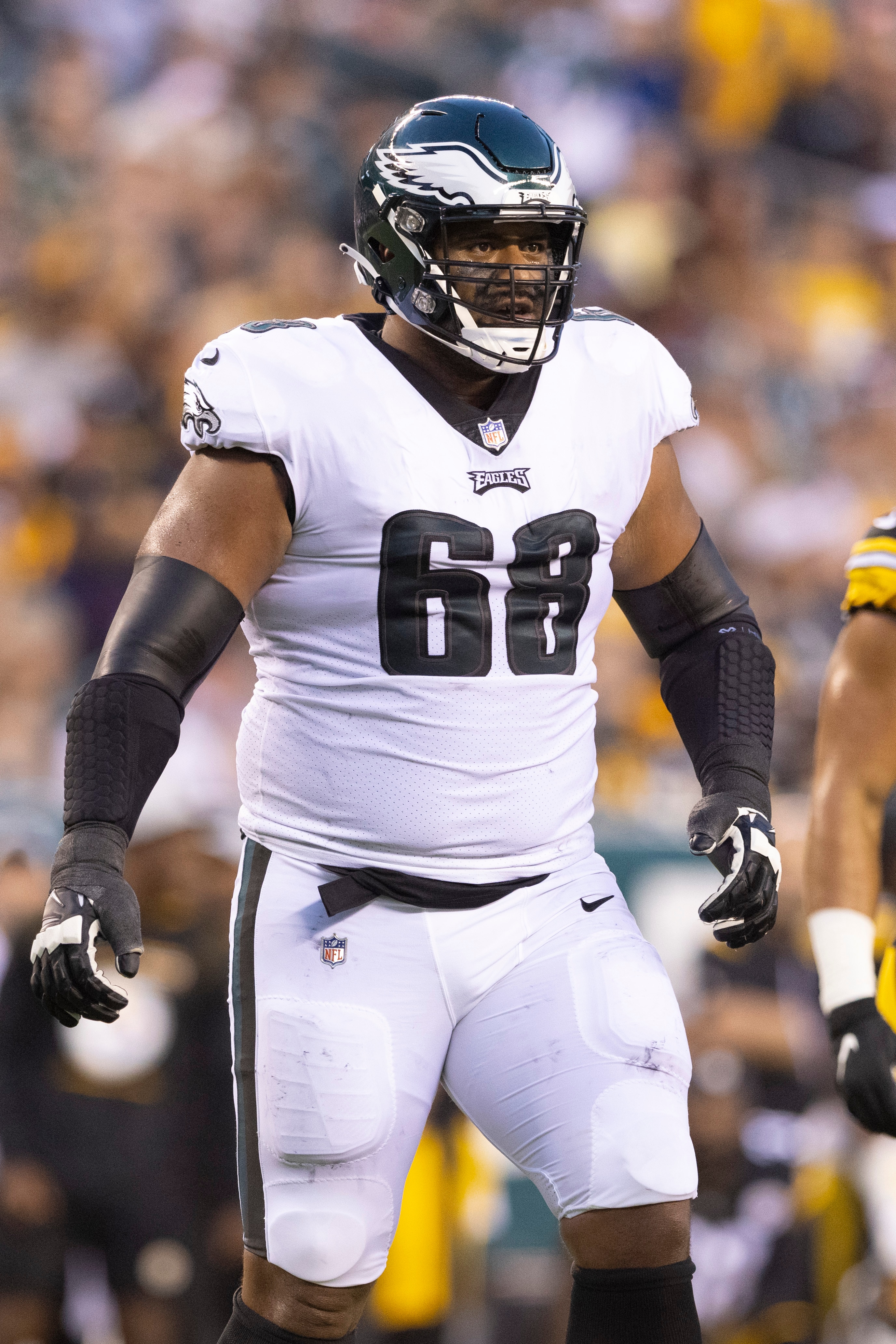 PHILADELPHIA, PA - AUGUST 12: Jordan Mailata #68 of the Philadelphia Eagles looks on against the Pittsburgh Steelers during the preseason game at Lincoln Financial Field on August 12, 2021 in Philadelphia, Pennsylvania. (Photo by Mitchell Leff/Getty Images)