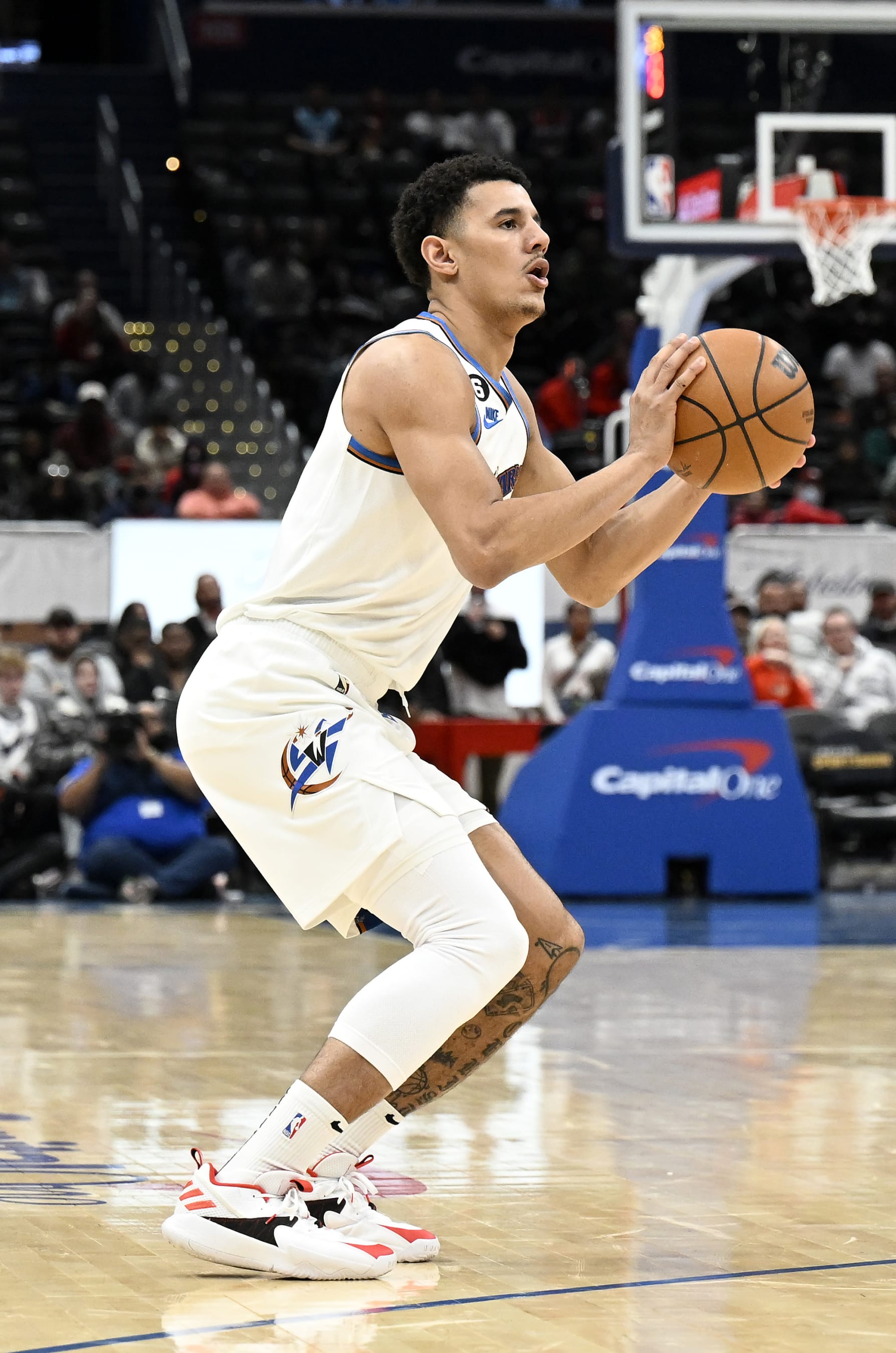 WASHINGTON, DC - NOVEMBER 20: Johnny Davis #1 of the Washington Wizards shoots the ball against the Charlotte Hornets at Capital One Arena on November 20, 2022 in Washington, DC. NOTE TO USER: User expressly acknowledges and agrees that, by downloading and or using this photograph, User is consenting to the terms and conditions of the Getty Images License Agreement. (Photo by G Fiume/Getty Images)