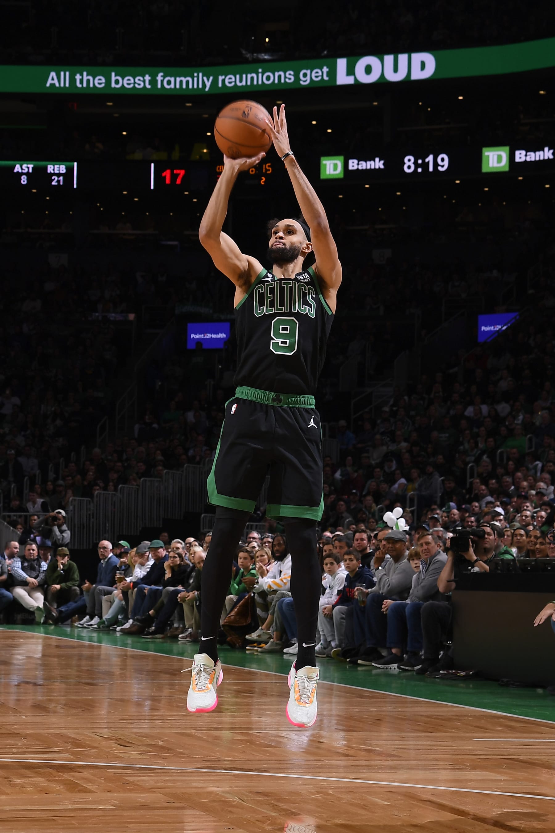 BOSTON, MA - DECEMBER 2: Derrick White #9 of the Boston Celtics shoots the ball during the game against the Miami Heat on December 2, 2022 at the TD Garden in Boston, Massachusetts.  NOTE TO USER: User expressly acknowledges and agrees that, by downloading and or using this photograph, User is consenting to the terms and conditions of the Getty Images License Agreement. Mandatory Copyright Notice: Copyright 2022 NBAE  (Photo by Brian Babineau/NBAE via Getty Images)