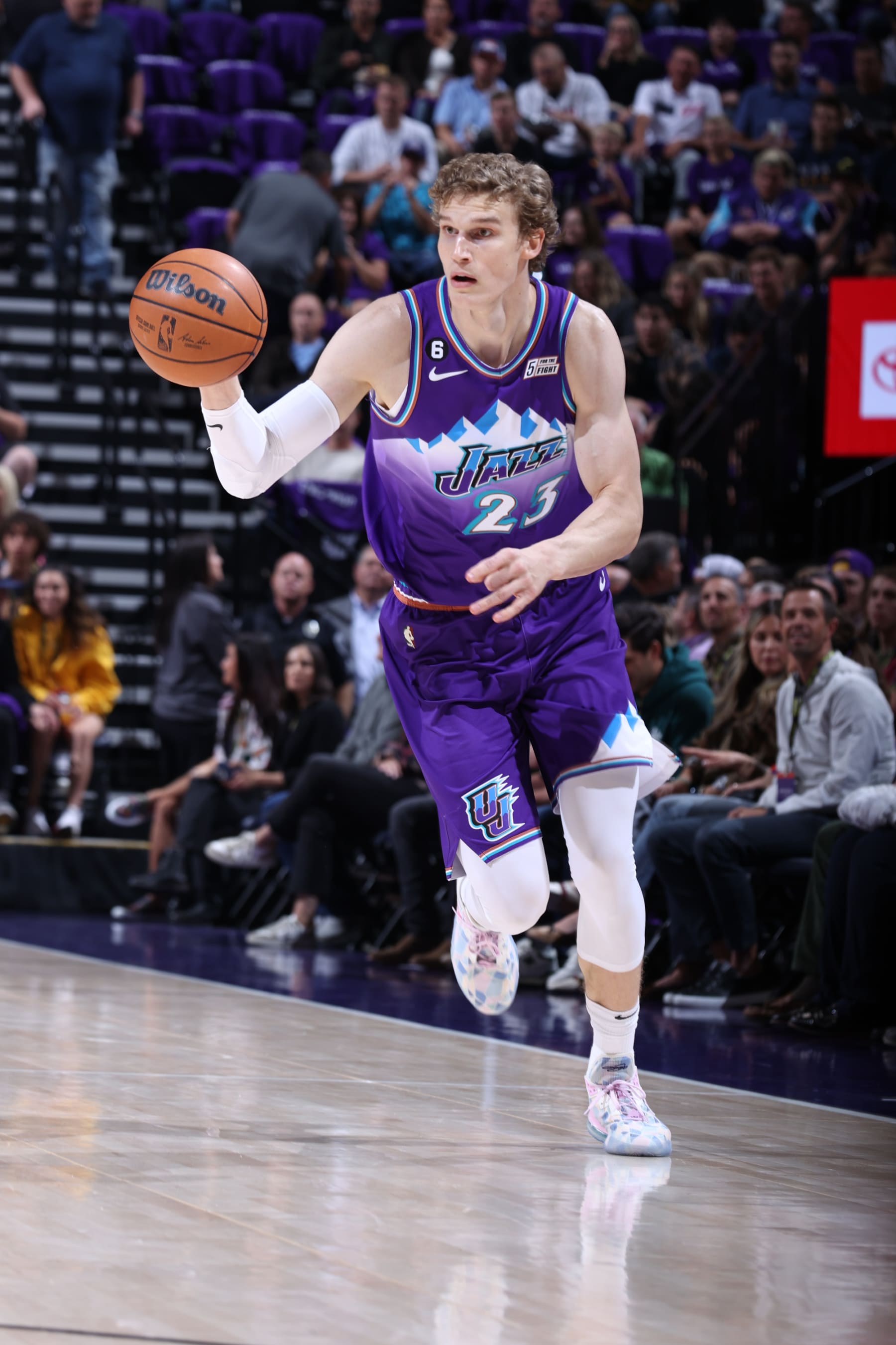 SALT LAKE CITY, UT - OCTOBER 19: Lauri Markkanen #23 of the Utah Jazz drives in the game against the Denver Nuggets on October 19, 2022 at Vivint Arena in Salt Lake City, Utah. NOTE TO USER: User expressly acknowledges and agrees that, by downloading and/or using this photograph, user is consenting to the terms and conditions of the Getty Images License Agreement. Mandatory Copyright Notice: Copyright 2022 NBAE (Photo by Melissa Majchrzak/NBAE via Getty Images)