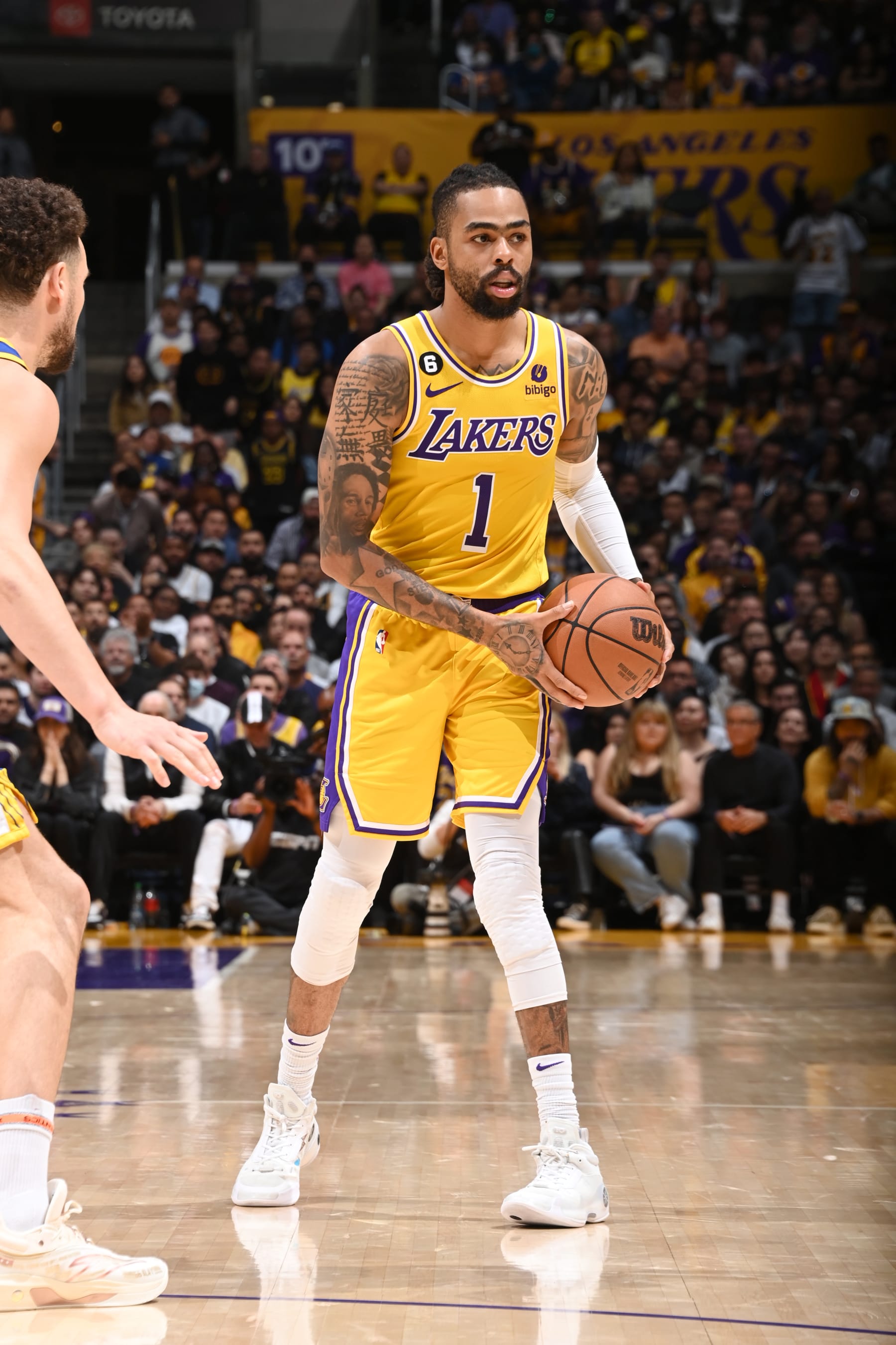 LOS ANGELES, CA - MAY 12: D'Angelo Russell #1 of the Los Angeles Lakers handles the ball during Game 6 of the Western Conference Semi-Finals 2023 NBA Playoffs on May 12, 2023 at Crypto.Com Arena in Los Angeles, California. NOTE TO USER: User expressly acknowledges and agrees that, by downloading and/or using this Photograph, user is consenting to the terms and conditions of the Getty Images License Agreement. Mandatory Copyright Notice: Copyright 2023 NBAE (Photo by Andrew D. Bernstein/NBAE via Getty Images)