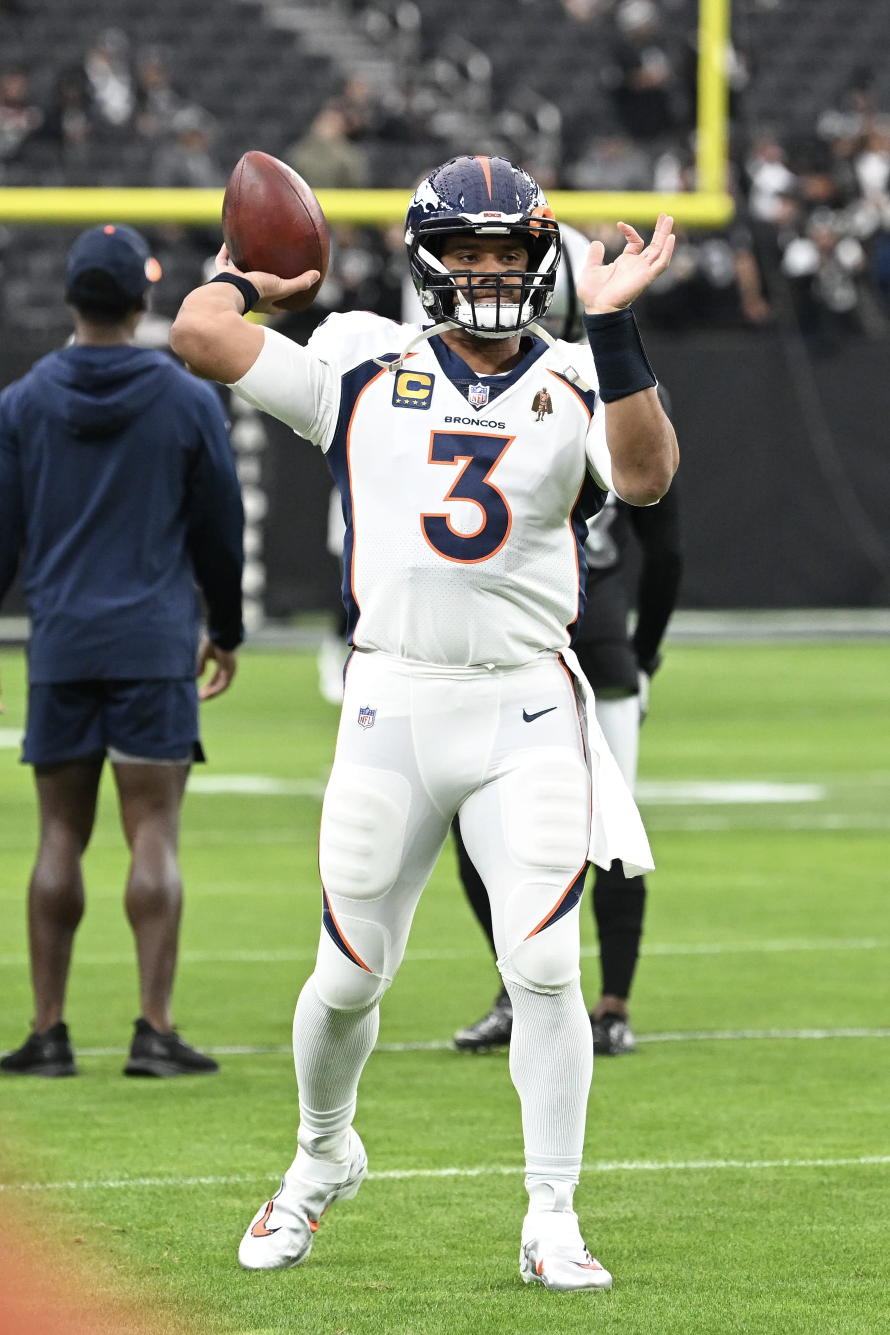 LAS VEGAS, NEVADA - JANUARY 07: Quarterback Russell Wilson #3 of the Denver Broncos warms up against the Las Vegas Raiders at Allegiant Stadium on January 07, 2024 in Las Vegas, Nevada. The Raiders defeated the Broncos 27-14. (Photo by Candice Ward/Getty Images)