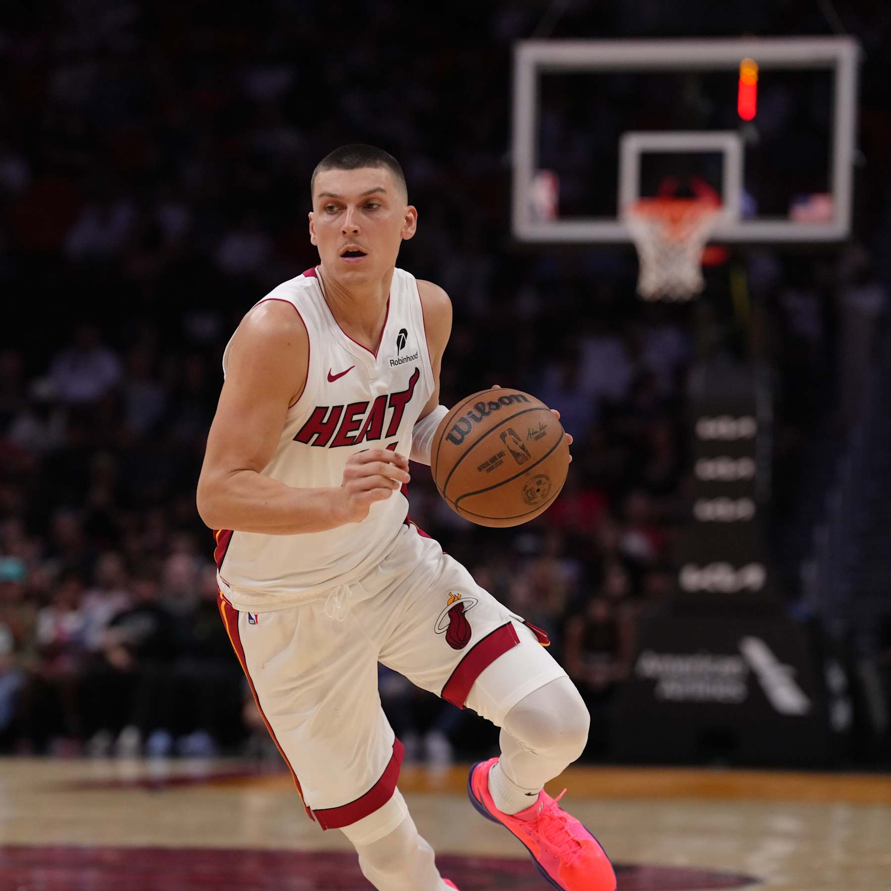 MIAMI, FL - OCTOBER 13: Tyler Herro #14 of the Miami Heat dribbles the ball during the game against the New Orleans Pelicans  during a preseason game on October 13, 2024 at Kaseya Center in Miami, Florida. NOTE TO USER: User expressly acknowledges and agrees that, by downloading and or using this Photograph, user is consenting to the terms and conditions of the Getty Images License Agreement. Mandatory Copyright Notice: Copyright 2024 NBAE (Photo by Eric Espada/NBAE via Getty Images)