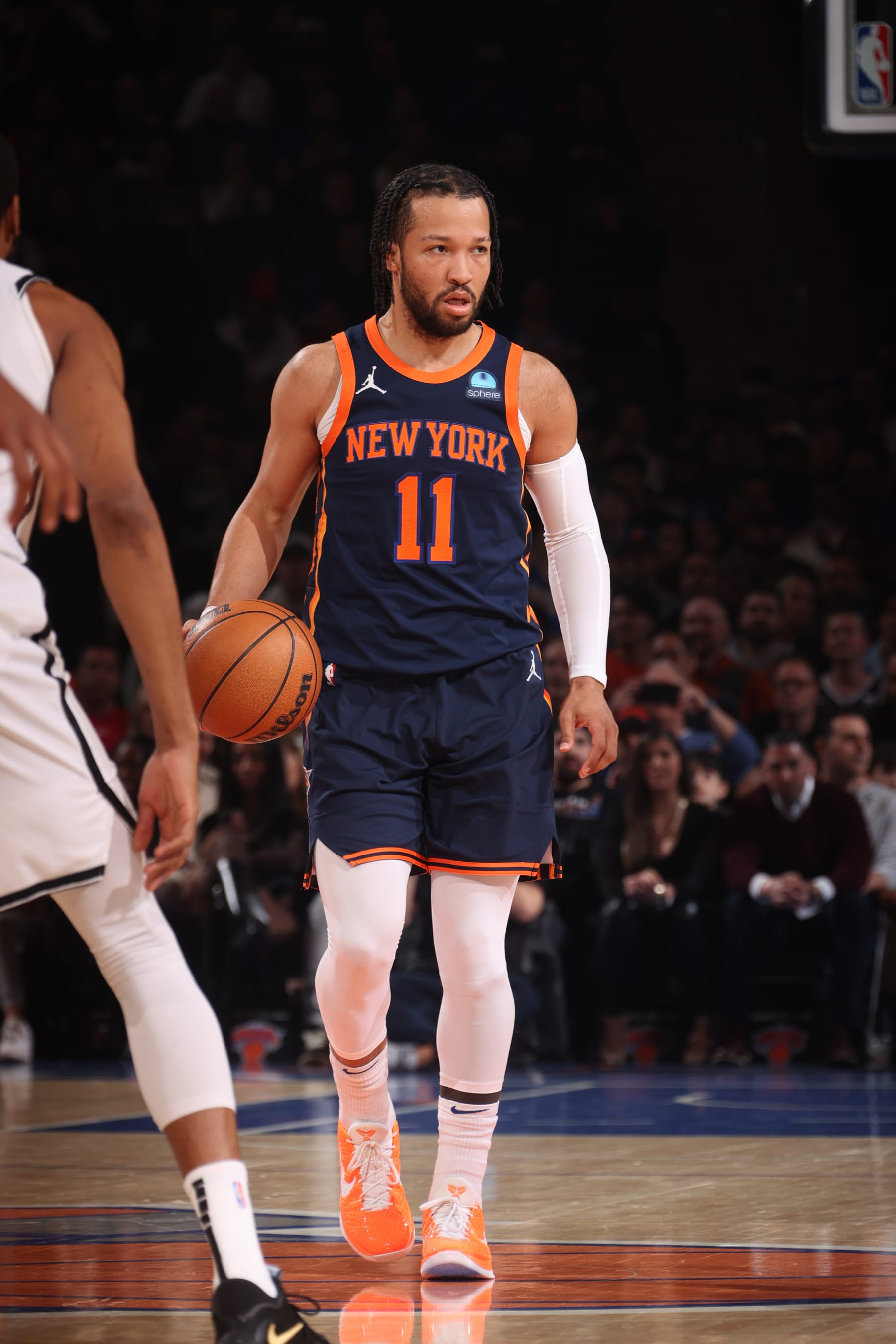 NEW YORK, NY - APRIL 12: Jalen Brunson #11 of the New York Knicks dribbles the ball during the game against the Brooklyn Nets on April 12, 2024 at Madison Square Garden in New York City, New York.  NOTE TO USER: User expressly acknowledges and agrees that, by downloading and or using this photograph, User is consenting to the terms and conditions of the Getty Images License Agreement. Mandatory Copyright Notice: Copyright 2024 NBAE  (Photo by Nathaniel S. Butler/NBAE via Getty Images)