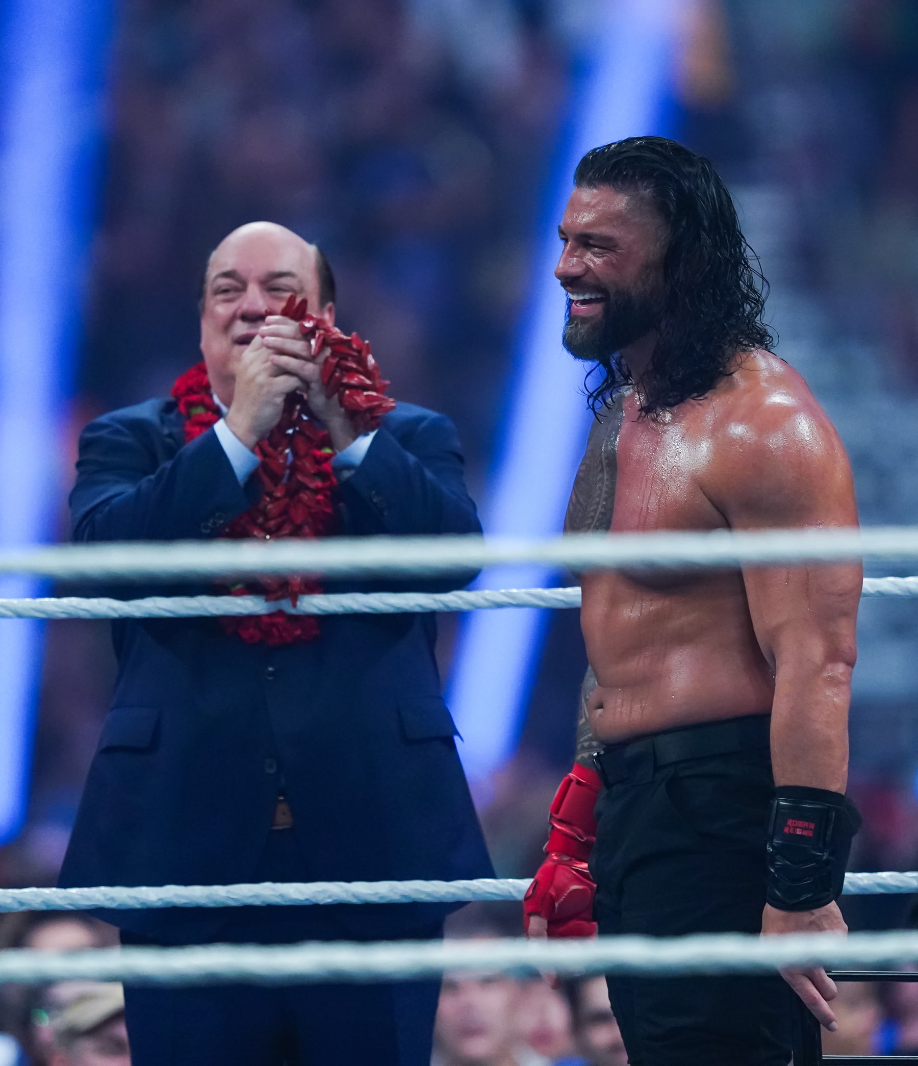 SAN ANTONIO, TEXAS - JANUARY 28: Roman Reigns looks on during the WWE and Universal Championship match during the WWE Royal Rumble event at the Alamodome on January 28, 2023 in San Antonio, Texas. (Photo by Alex Bierens de Haan/Getty Images)