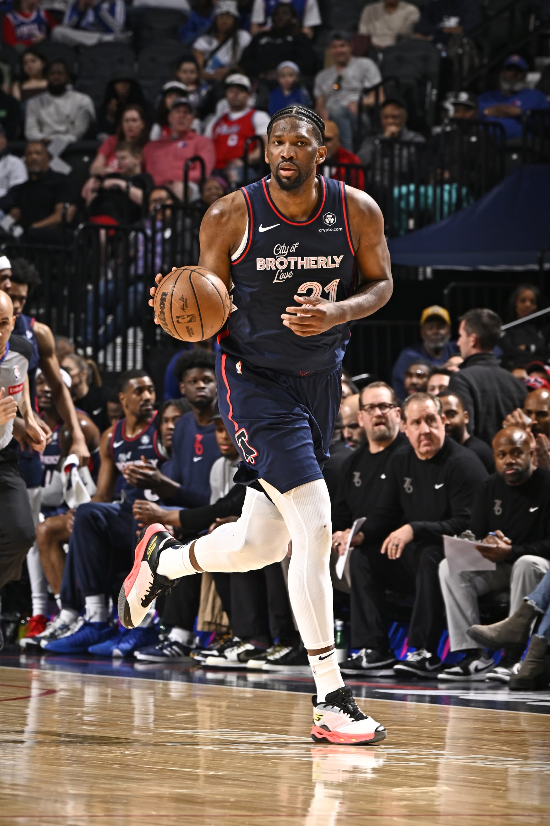 PHILADELPHIA, PA - APRIL 9: Joel Embiid #21 of the Philadelphia 76ers dribbles the ball during the game against the Detroit Pistons on April 9, 2024 at the Wells Fargo Center in Philadelphia, Pennsylvania NOTE TO USER: User expressly acknowledges and agrees that, by downloading and/or using this Photograph, user is consenting to the terms and conditions of the Getty Images License Agreement. Mandatory Copyright Notice: Copyright 2024 NBAE (Photo by David Dow/NBAE via Getty Images)