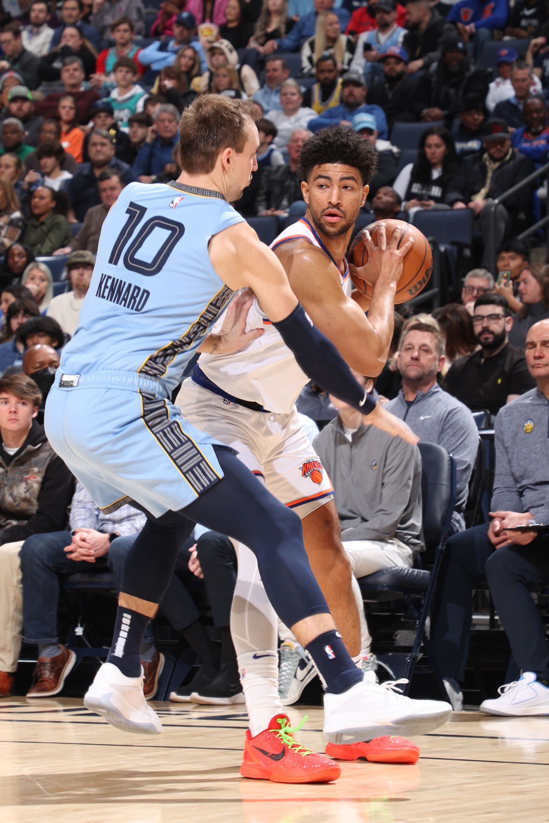 MEMPHIS, TN - JANUARY 13: Quentin Grimes #6 of the New York Knicks looks to pass the ball during the game against the Memphis Grizzlies on January 13, 2024 at FedExForum in Memphis, Tennessee. NOTE TO USER: User expressly acknowledges and agrees that, by downloading and or using this photograph, User is consenting to the terms and conditions of the Getty Images License Agreement. Mandatory Copyright Notice: Copyright 2024 NBAE (Photo by Joe Murphy/NBAE via Getty Images)