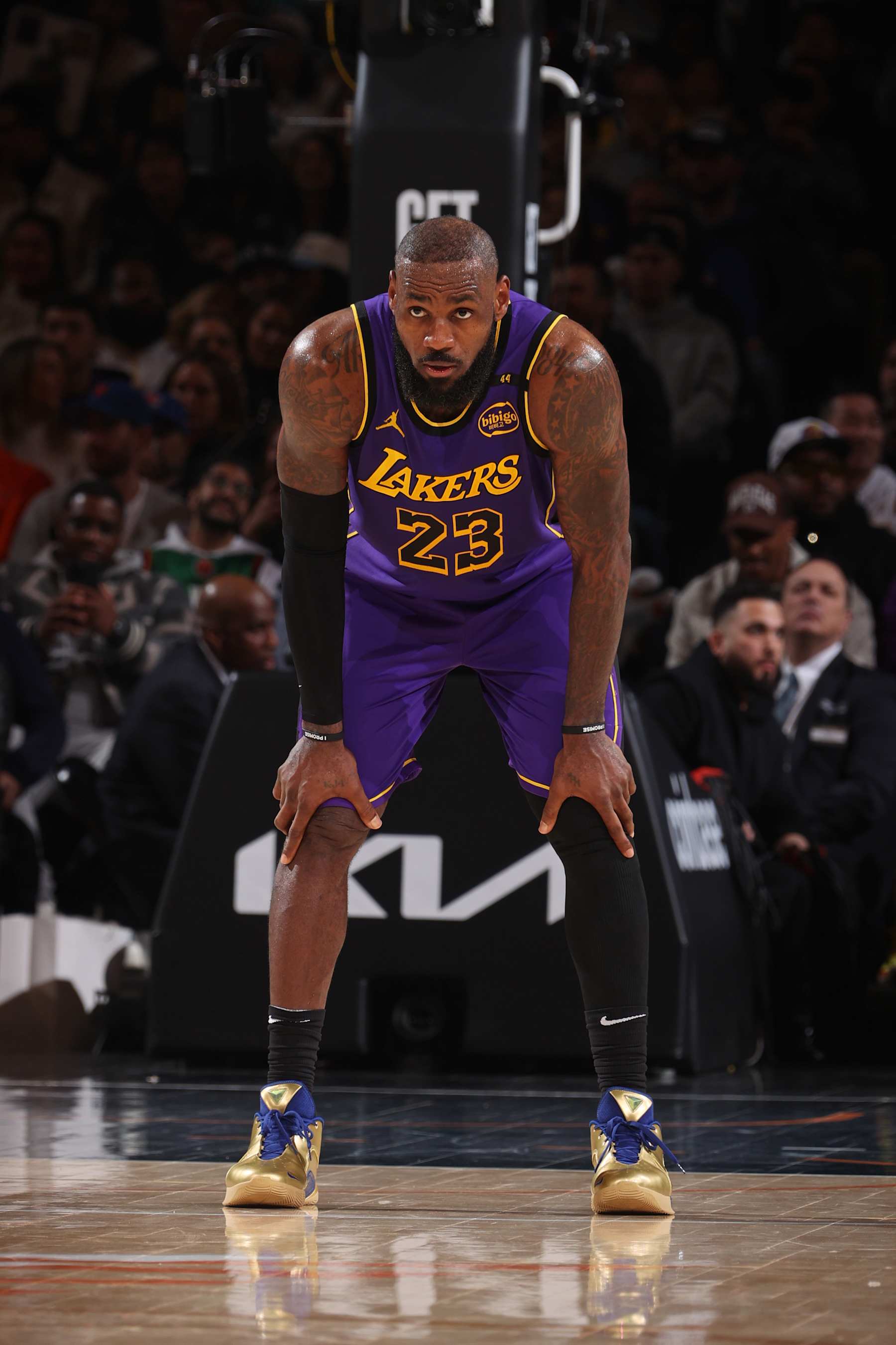 NEW YORK, NY - FEBRUARY 1:  LeBron James #23 of the Los Angeles Lakers looks on during the game against the New York Knicks on February  1, 2025 at Madison Square Garden in New York City, New York.  NOTE TO USER: User expressly acknowledges and agrees that, by downloading and or using this photograph, User is consenting to the terms and conditions of the Getty Images License Agreement. Mandatory Copyright Notice: Copyright 2025 NBAE  (Photo by Nathaniel S. Butler/NBAE via Getty Images)