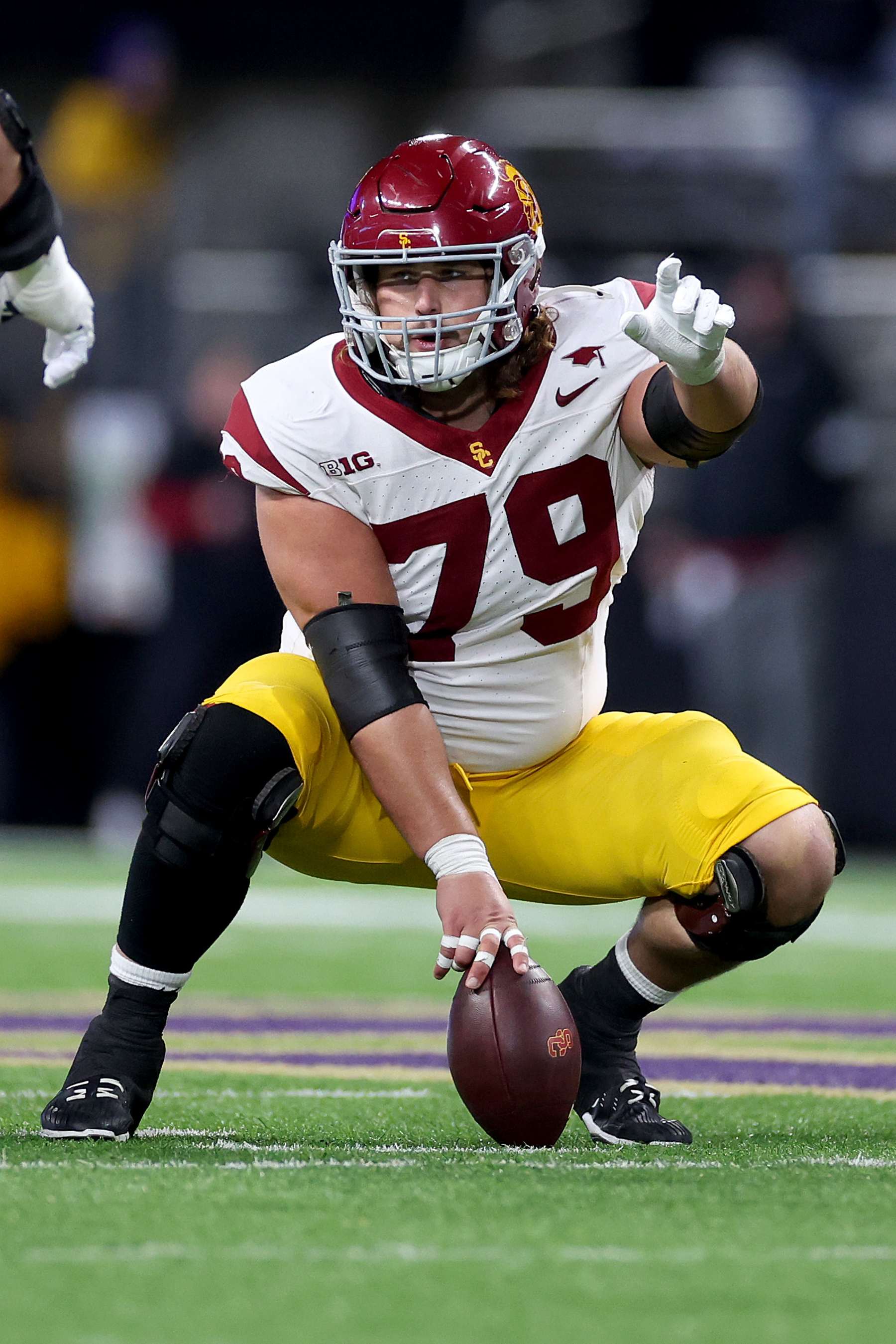 SEATTLE, WASHINGTON - NOVEMBER 02: Jonah Monheim #79 of the USC Trojans in action against the Washington Huskies at Husky Stadium on November 02, 2024 in Seattle, Washington. (Photo by Steph Chambers/Getty Images)