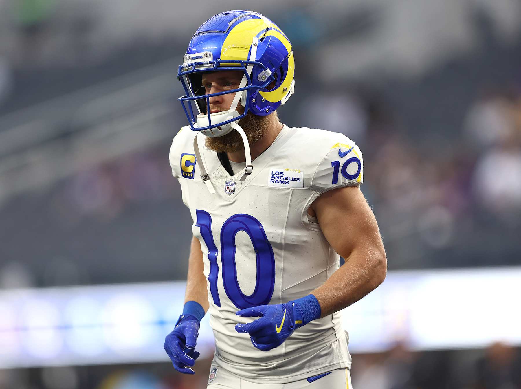 INGLEWOOD, CALIFORNIA - OCTOBER 24: Cooper Kupp #10 of the Los Angeles Rams before a game against the Minnesota Vikings at SoFi Stadium on October 24, 2024 in Inglewood, California. (Photo by Katelyn Mulcahy/Getty Images)