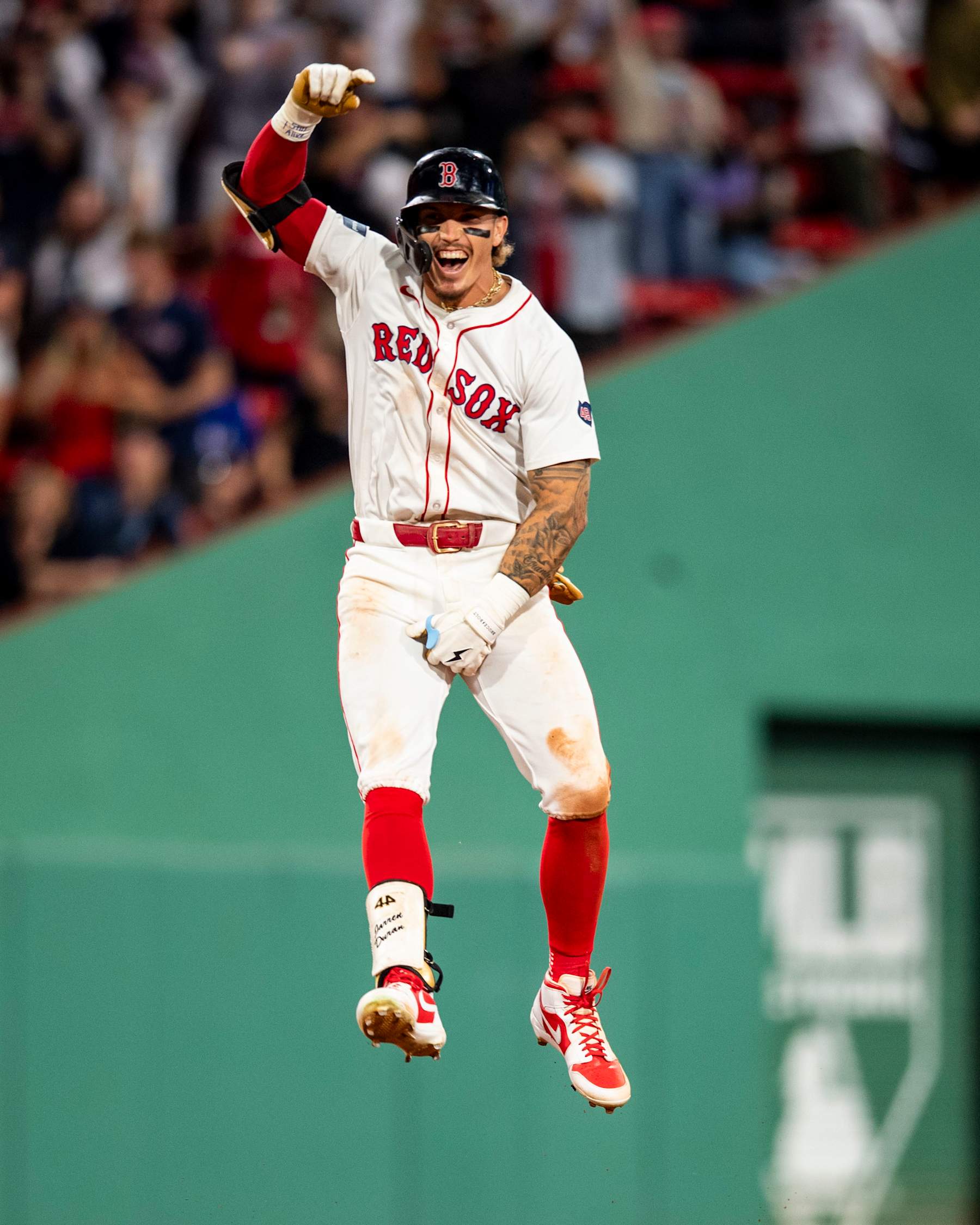 BOSTON, MA - JUNE 24: Jarren Duran #16 of the Boston Red Sox reacts after hitting a game winning RBI walk-off single during the ninth inning against the Toronto Blue Jays on June 24, 2024 at Fenway Park in Boston, Massachusetts. (Photo by Billie Weiss/Boston Red Sox/Getty Images)