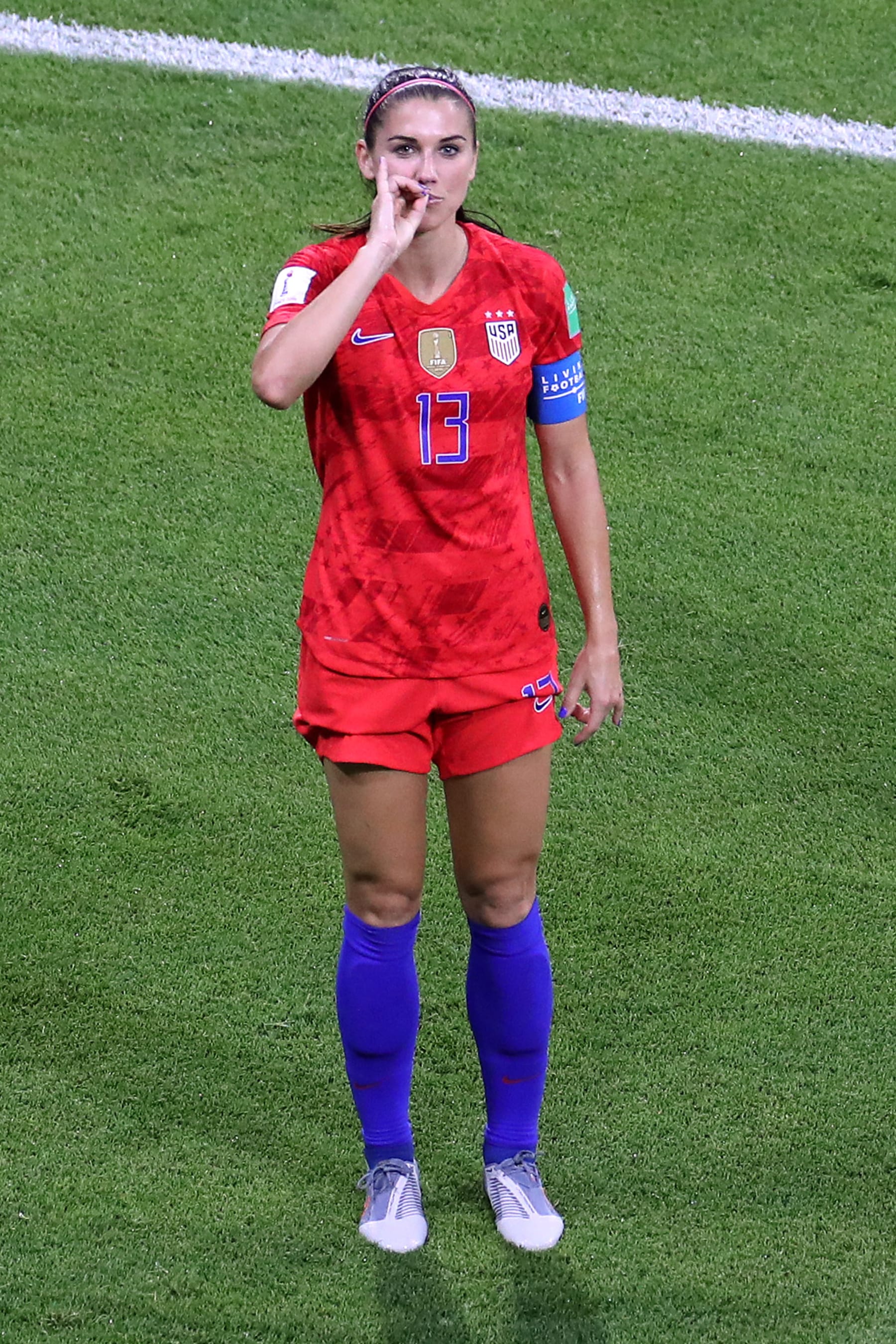 LYON, FRANCE - JULY 02: Alex Morgan of USA celebrates scoring their 2nd goal by pretending to drink a cup of tea during the 2019 FIFA Women's World Cup France Semi Final match between England and USA at Stade de Lyon on July 2, 2019 in Lyon, France. (Photo by Charlotte Wilson/Offside/Offside via Getty Images)