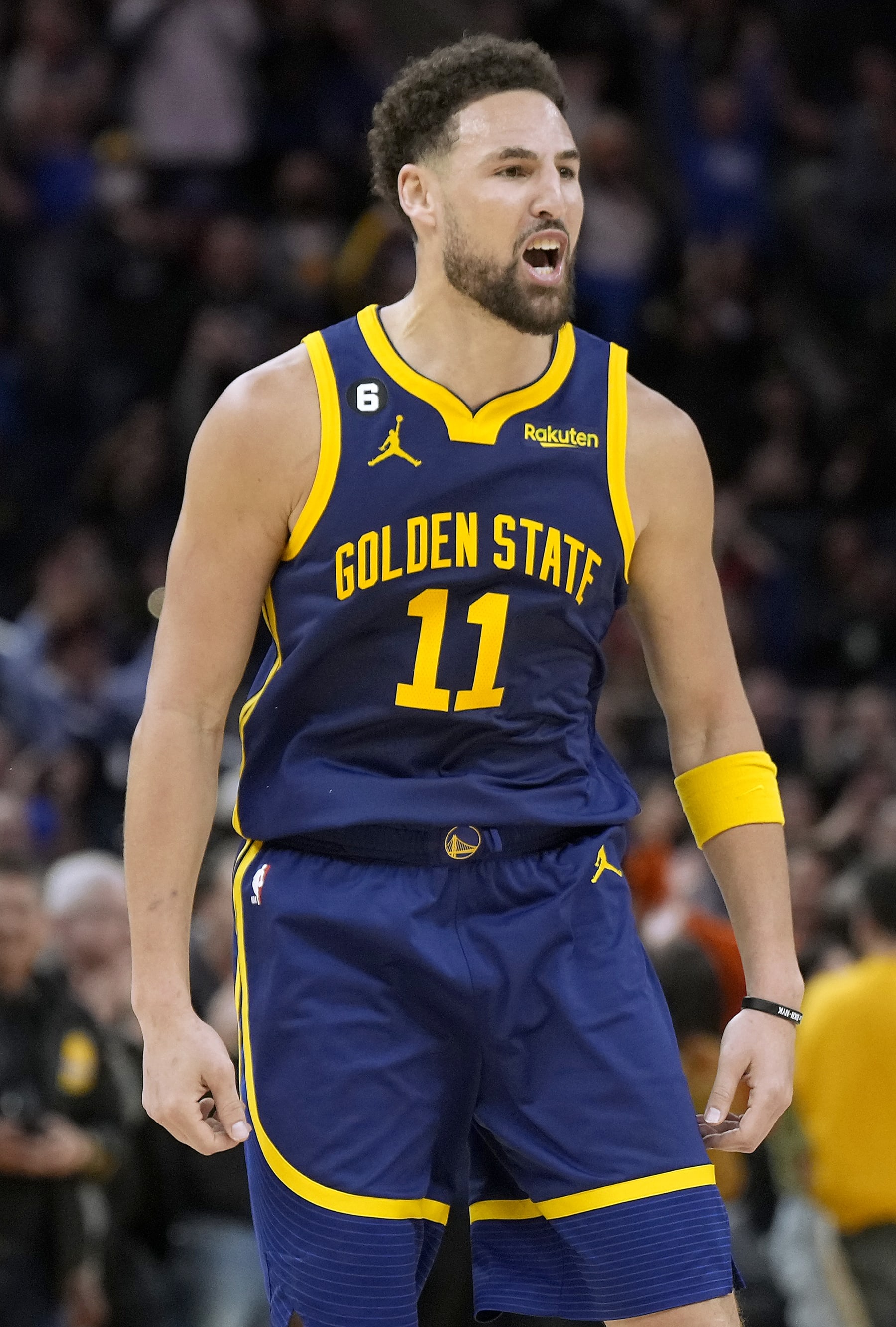 SAN FRANCISCO, CALIFORNIA - FEBRUARY 26: Klay Thompson #11 of the Golden State Warriors reacts after making a three-point shot against the Minnesota Timberwolves during the fourth quarter at Chase Center on February 26, 2023 in San Francisco, California. NOTE TO USER: User expressly acknowledges and agrees that, by downloading and or using this photograph, User is consenting to the terms and conditions of the Getty Images License Agreement. (Photo by Thearon W. Henderson/Getty Images)