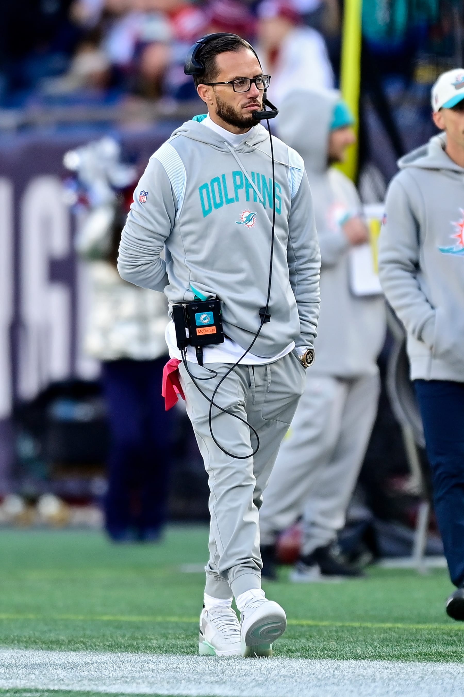 FOXBOROUGH, MASSACHUSETTS - JANUARY 01: Head coach Mike McDaniel of the Miami Dolphins looks on against the New England Patriots during the second half at Gillette Stadium on January 01, 2023 in Foxborough, Massachusetts. (Photo by Billie Weiss/Getty Images)