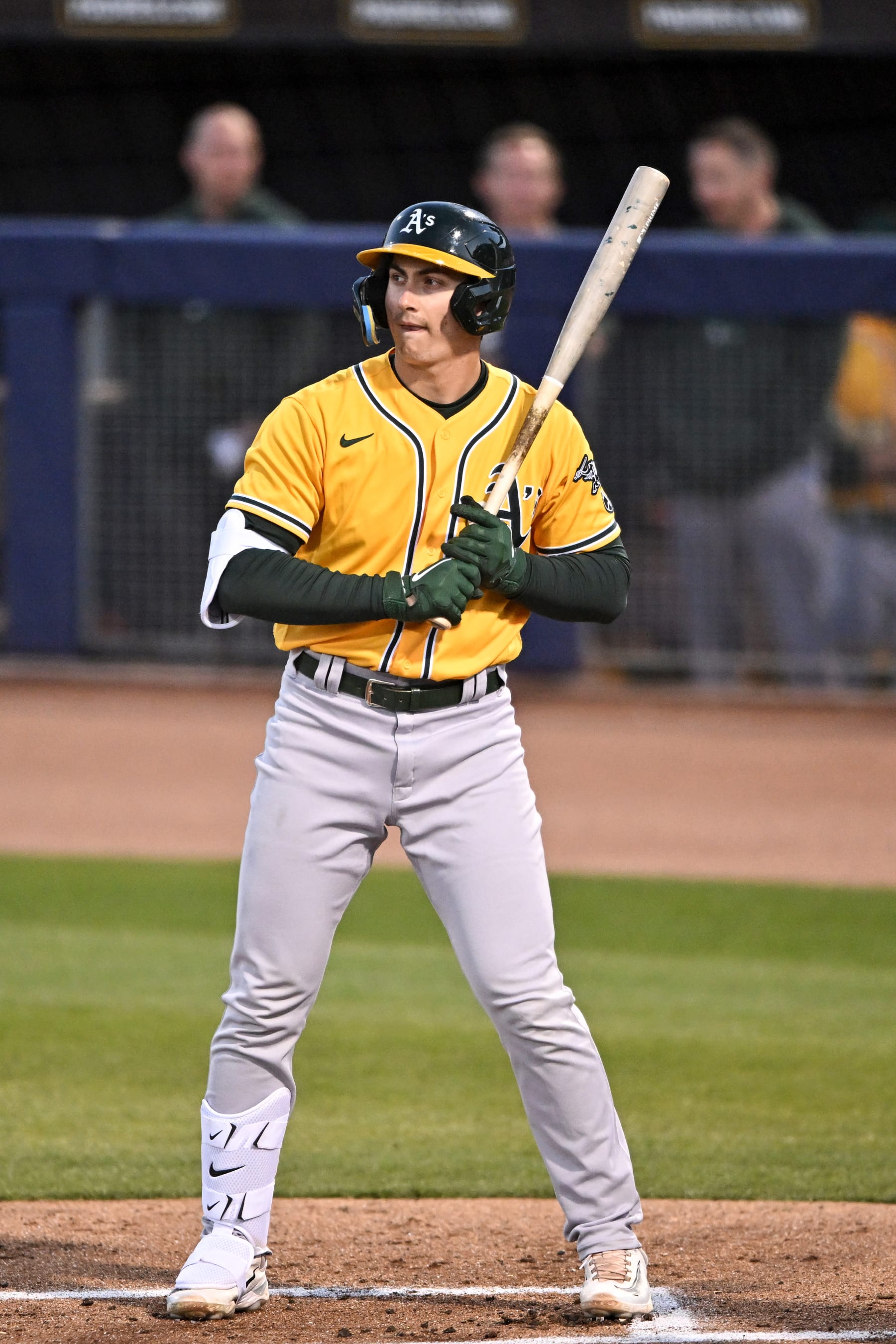 PEORIA, ARIZONA - MARCH 24, 2023: Tyler Soderstrom #49 of the Oakland Athletics bats during the first inning of a spring training game against the Seattle Mariners at Peoria Stadium on March 24, 2023 in Peoria, Arizona. (Photo by Chris Bernacchi/Diamond Images via Getty Images)