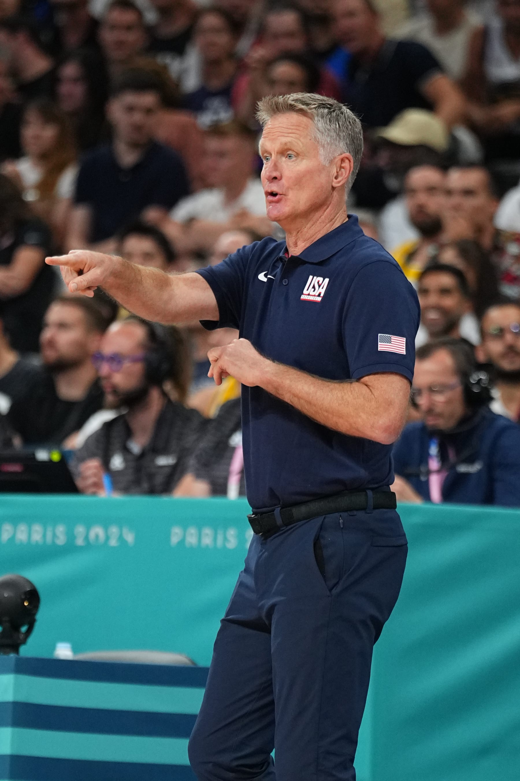 LILLE, FRANCE - JULY 31: Head Coach Steve Kerr of the USA Basketball Men's Team looks on during the game against South Sudan on July 31, 2024 at the Stade Pierre Mauroy in Paris, France. NOTE TO USER: User expressly acknowledges and agrees that, by downloading and/or using this photograph, user is consenting to the terms and conditions of the Getty Images License Agreement. Mandatory Copyright Notice: Copyright 2024 NBAE (Photo by Garrett Ellwood/NBAE via Getty Images)