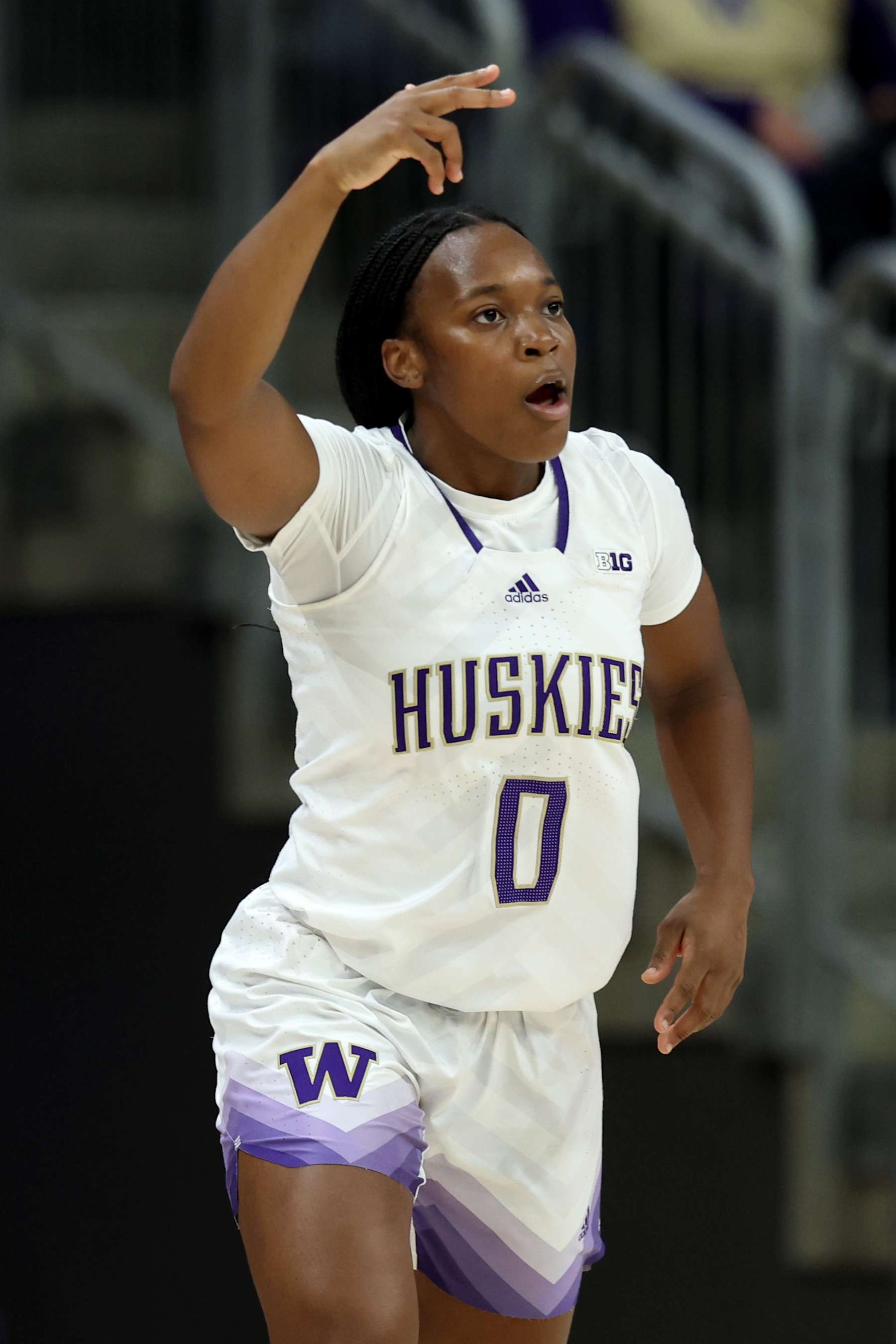 SEATTLE, WASHINGTON - DECEMBER 08: Sayvia Sellers #0 of the Washington Huskies reacts against the UCLA Bruins at Alaska Airlines Arena on December 08, 2024 in Seattle, Washington.  (Photo by Steph Chambers/Getty Images)