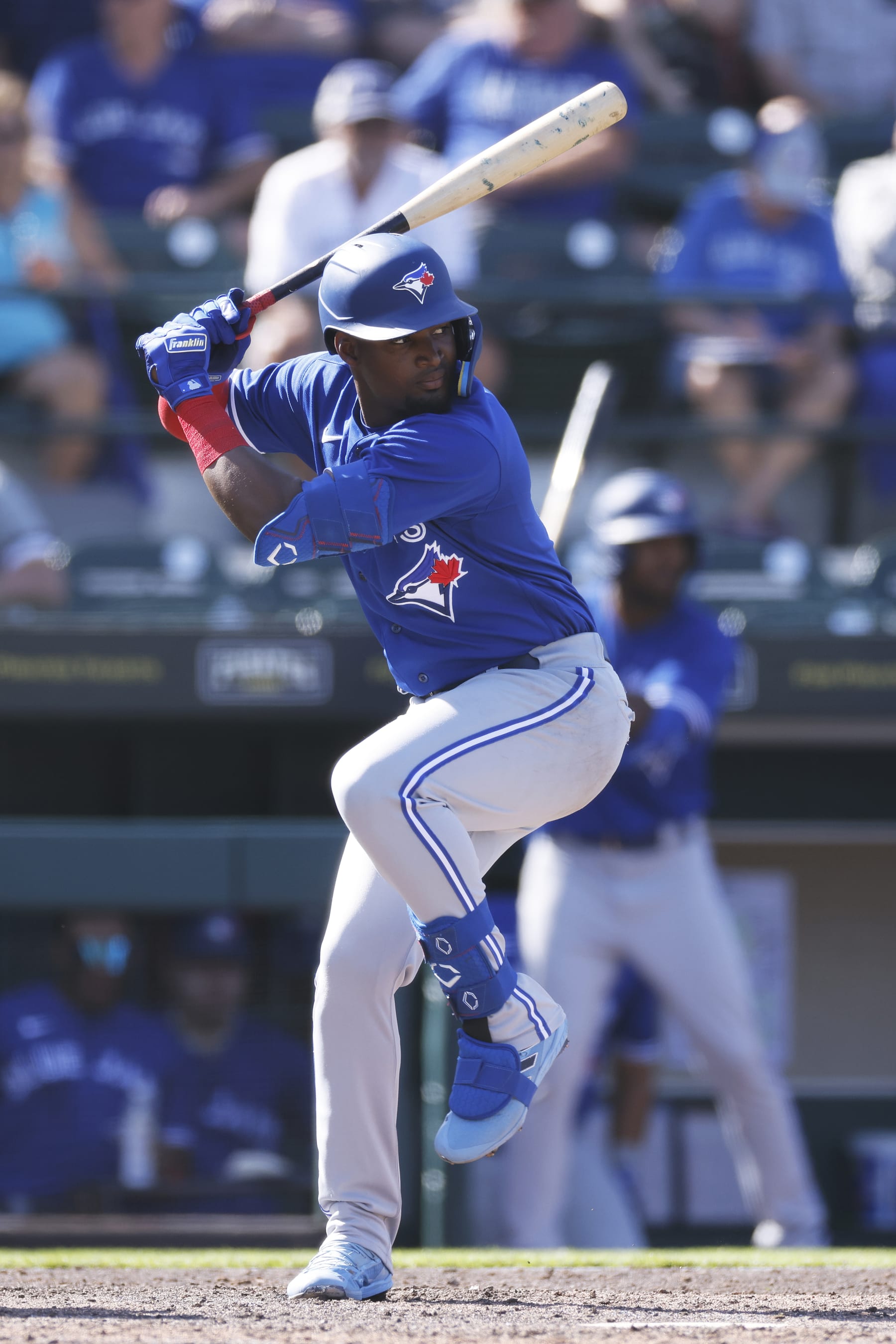 BRADENTON, FL - MARCH 07: Toronto Blue Jays third baseman Orelvis Martinez (2) bats during an MLB Spring Training game against the Pittsburgh Pirates on March 07, 2023 at LECOM Park in Bradenton, Florida. (Photo by Joe Robbins/Icon Sportswire via Getty Images)