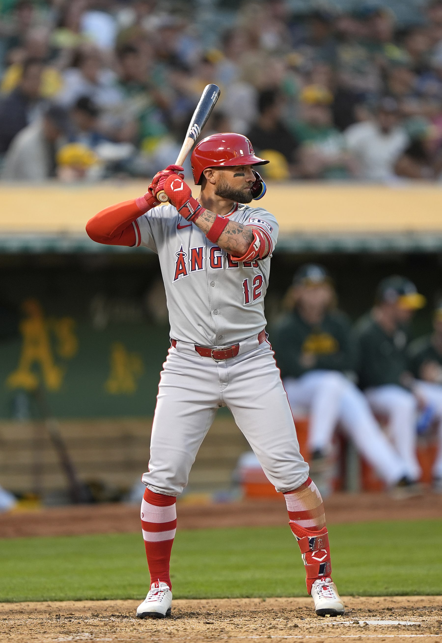 OAKLAND, CALIFORNIA - JULY 19: Kevin Pillar #12 of the Los Angeles Angels bats against the Oakland Athletics in the top of the six inning on July 19, 2024 at the Oakland Coliseum in Oakland, California. (Photo by Thearon W. Henderson/Getty Images)
