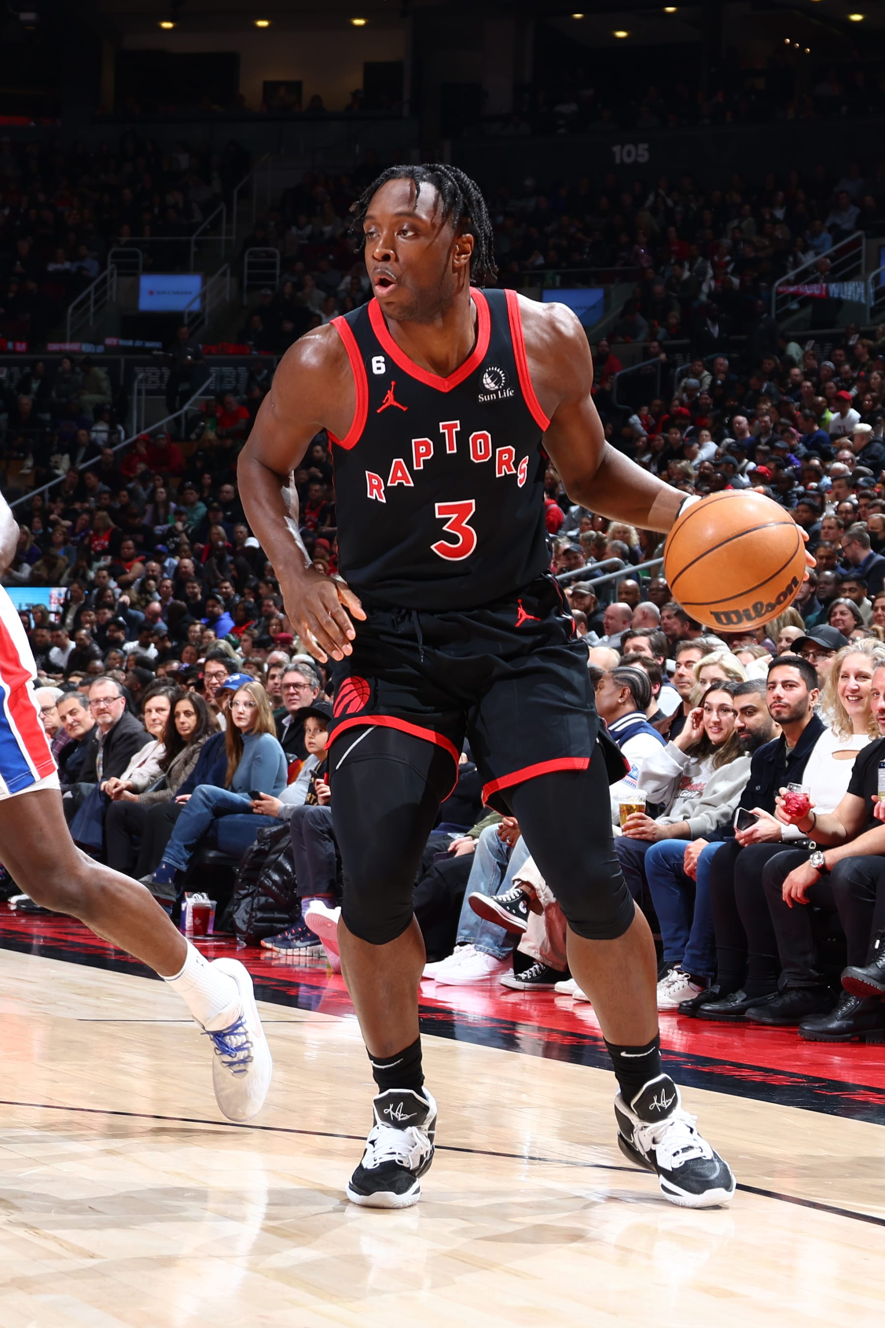 TORONTO, CANADA - MARCH 24: OG Anunoby #3 of the Toronto Raptors dribbles the ball during the game against the Detroit Pistons on March 24, 2023 at the Scotiabank Arena in Toronto, Ontario, Canada.  NOTE TO USER: User expressly acknowledges and agrees that, by downloading and or using this Photograph, user is consenting to the terms and conditions of the Getty Images License Agreement.  Mandatory Copyright Notice: Copyright 2023 NBAE (Photo by Vaughn Ridley/NBAE via Getty Images)