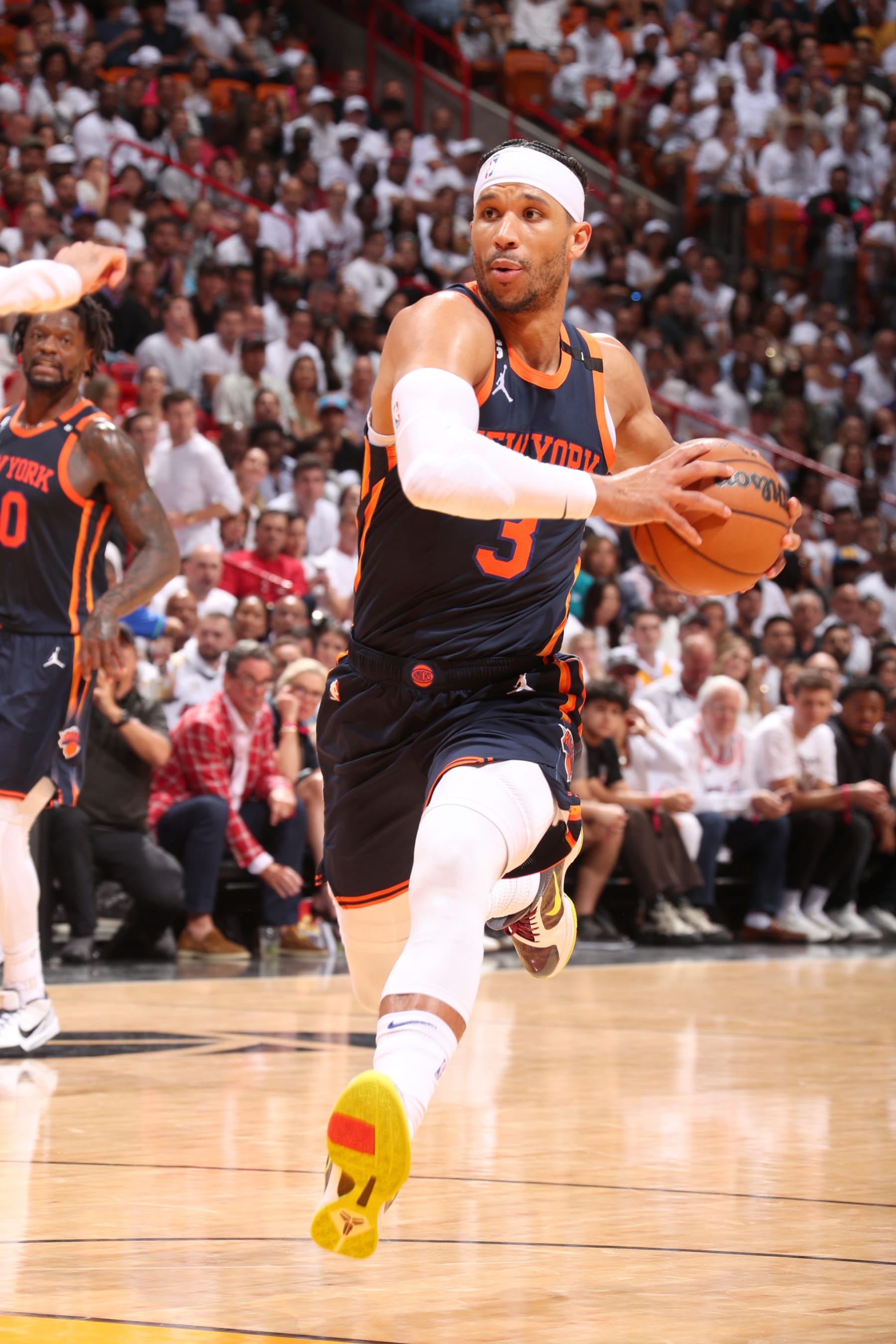 MIAMI, FL - MAY 12:  Josh Hart #3 of the New York Knicks drives to the basket during Game 6 of the 2023 NBA Playoffs Eastern Conference Semi-Finals against the Miami Heat on May 12, 2023 at Kaseya Center in Miami, Florida. NOTE TO USER: User expressly acknowledges and agrees that, by downloading and or using this Photograph, user is consenting to the terms and conditions of the Getty Images License Agreement. Mandatory Copyright Notice: Copyright 2023 NBAE (Photo by Issac Baldizon/NBAE via Getty Images)