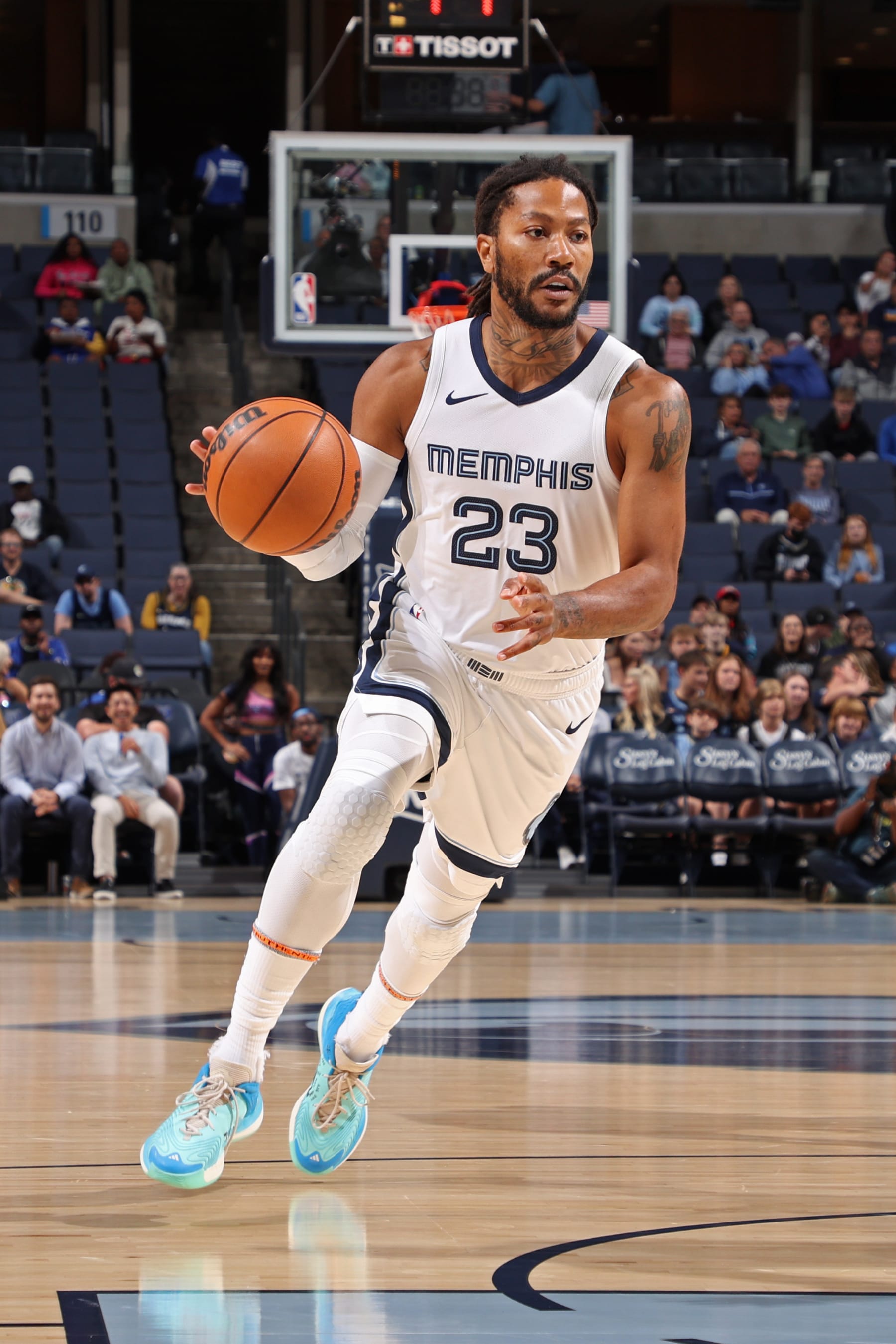 MEMPHIS, TN - OCTOBER 8: Derrick Rose #23 of the Memphis Grizzlies drives to the basket during the game against the Indiana Pacers on October 8, 2023 at FedExForum in Memphis, Tennessee. NOTE TO USER: User expressly acknowledges and agrees that, by downloading and or using this photograph, User is consenting to the terms and conditions of the Getty Images License Agreement. Mandatory Copyright Notice: Copyright 2023 NBAE (Photo by Joe Murphy/NBAE via Getty Images) MEMPHIS, TN - OCTOBER 8: Derrick Rose #23 of the Memphis Grizzlies drives to the basket during the game against the Indiana Pacers on October 8, 2023 at FedExForum in Memphis, Tennessee. NOTE TO USER: User expressly acknowledges and agrees that, by downloading and or using this photograph, User is consenting to the terms and conditions of the Getty Images License Agreement. Mandatory Copyright Notice: Copyright 2023 NBAE (Photo by Joe Murphy/NBAE via Getty Images)