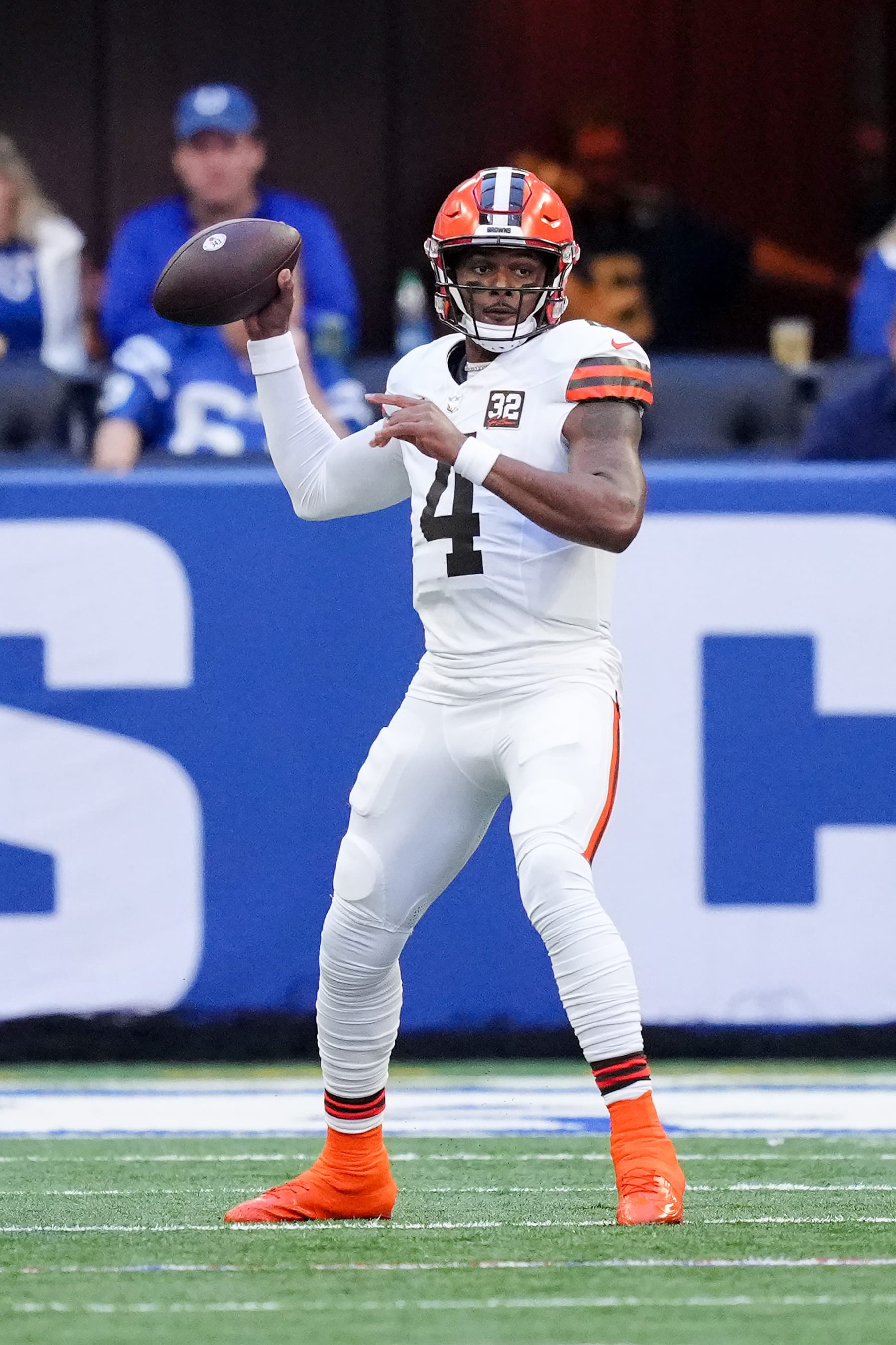 INDIANAPOLIS, INDIANA - OCTOBER 22: Deshaun Watson #4 of the Cleveland Browns throws a pass in the first quarter against the Indianapolis Colts at Lucas Oil Stadium on October 22, 2023 in Indianapolis, Indiana. (Photo by Dylan Buell/Getty Images)