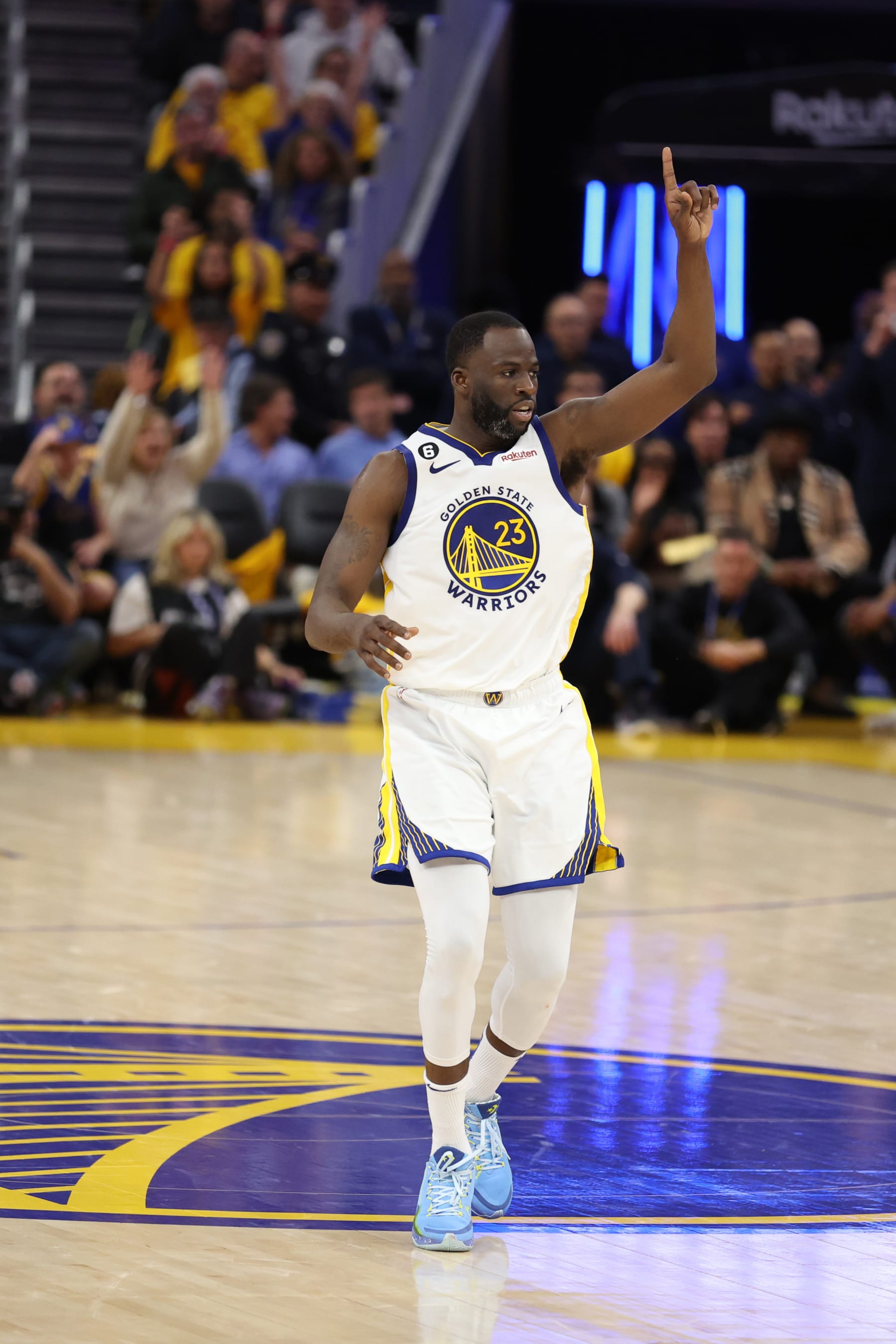 SAN FRANCISCO, CALIFORNIA - MAY 04: Draymond Green #23 of the Golden State Warriors reacts against the Los Angeles Lakers during the second quarter in game two of the Western Conference Semifinal Playoffs at Chase Center on May 04, 2023 in San Francisco, California. NOTE TO USER: User expressly acknowledges and agrees that, by downloading and or using this photograph, User is consenting to the terms and conditions of the Getty Images License Agreement.  (Photo by Ezra Shaw/Getty Images)