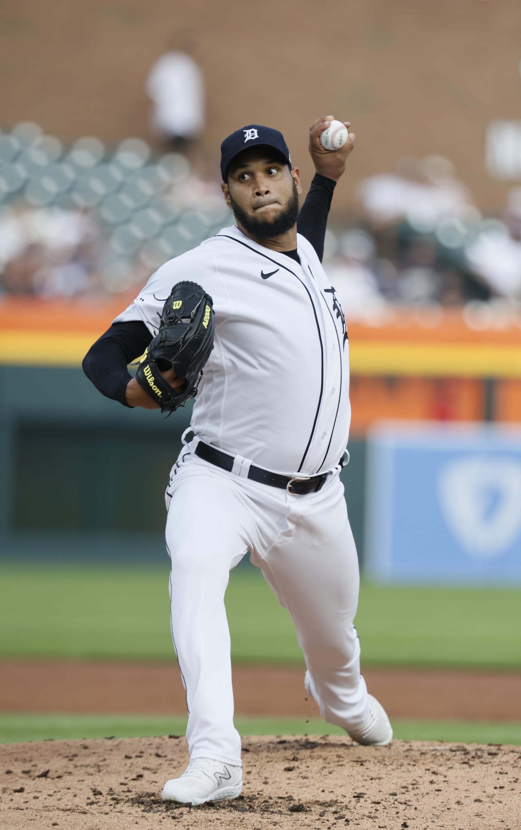 DETROIT, MI -  JULY 25:  Eduardo Rodriguez #57 of the Detroit Tigers pitches against the Los Angeles Angels during the second inning at Comerica Park on July 25, 2023 in Detroit, Michigan. (Photo by Duane Burleson/Getty Images)