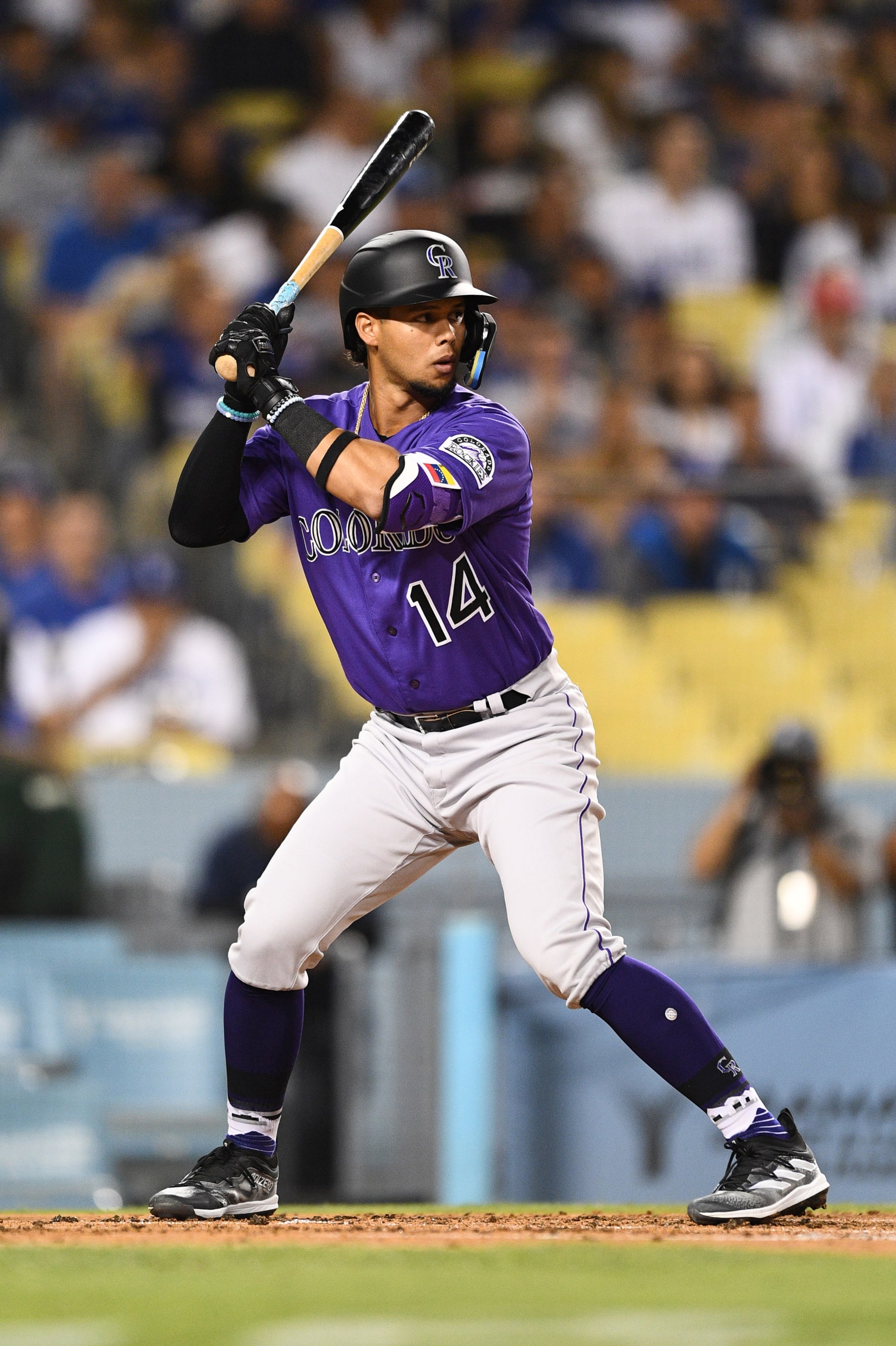 LOS ANGELES, CA - OCTOBER 03: Colorado Rockies shortstop Ezequiel Tovar (14) at bat during the MLB game between the Colorado Rockies and the Los Angeles Dodgers on October 3, 2022 at Dodger Stadium in Los Angeles, CA. (Photo by Brian Rothmuller/Icon Sportswire via Getty Images)