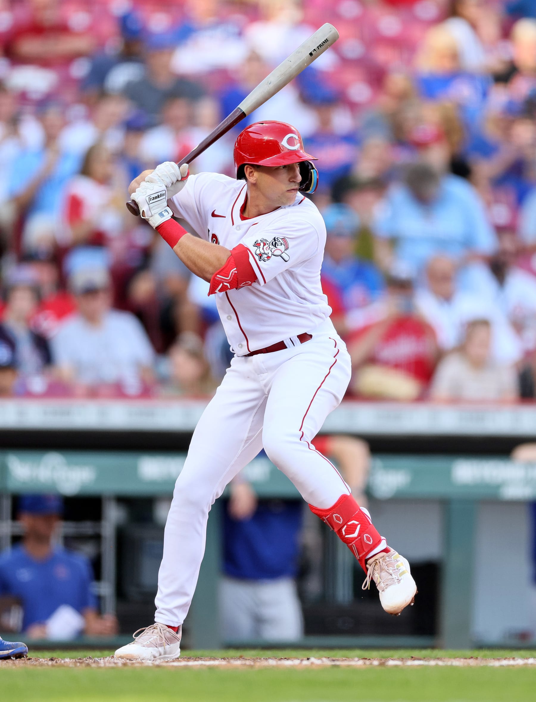 CINCINNATI, OHIO - OCTOBER 05: Spencer Steer #12 of the Cincinnati Reds hits a RBI singl in the third inning against the Chicago Cubs at Great American Ball Park on October 05, 2022 in Cincinnati, Ohio. (Photo by Andy Lyons/Getty Images)