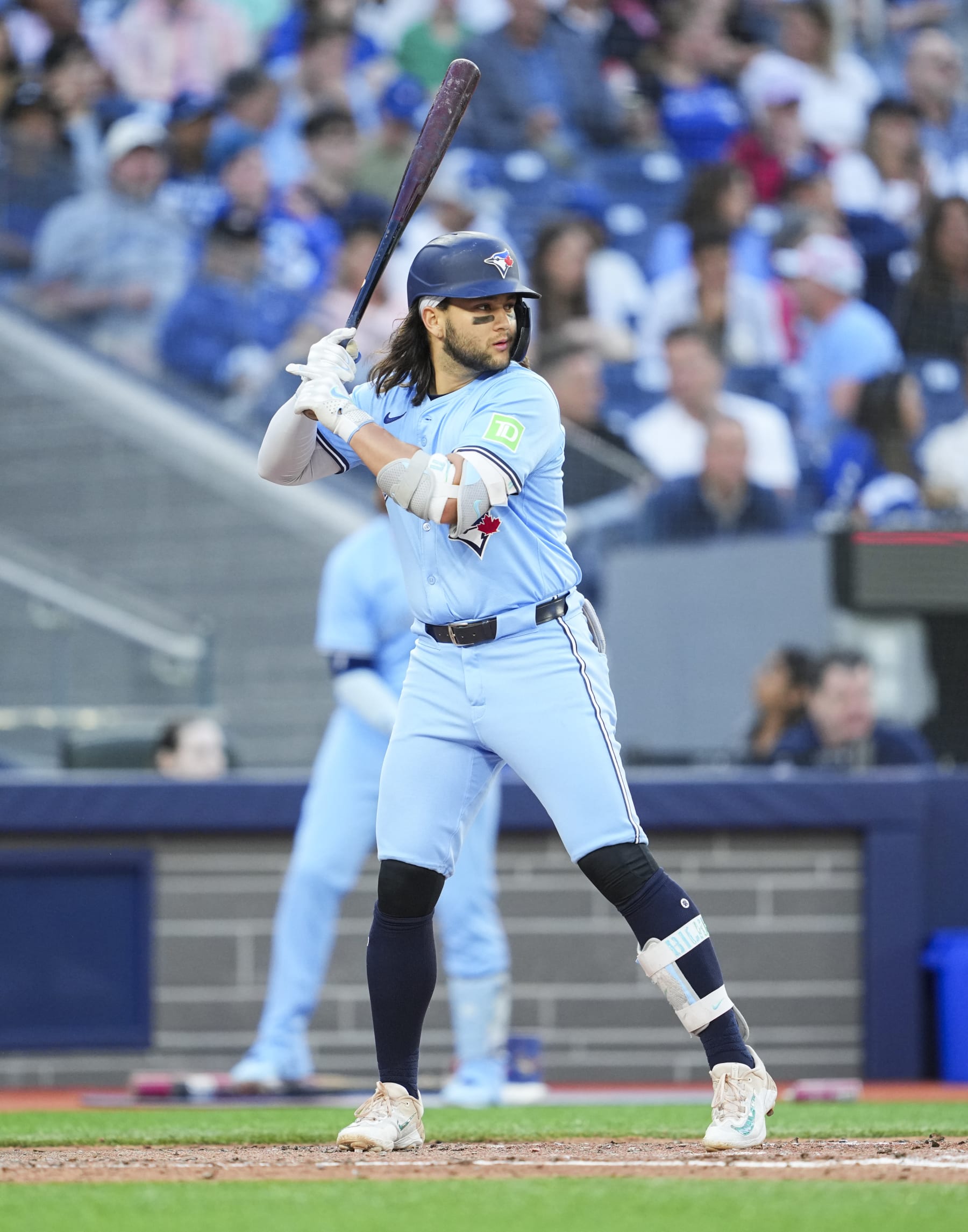 TORONTO, ON - JUNE 14: Bo Bichette #11 of the Toronto Blue Jays takes an at bat against the Cleveland Guardians during the fourth inning in their MLB game at the Rogers Centre on June 14, 2024 in Toronto, Ontario, Canada. (Photo by Mark Blinch/Getty Images)
