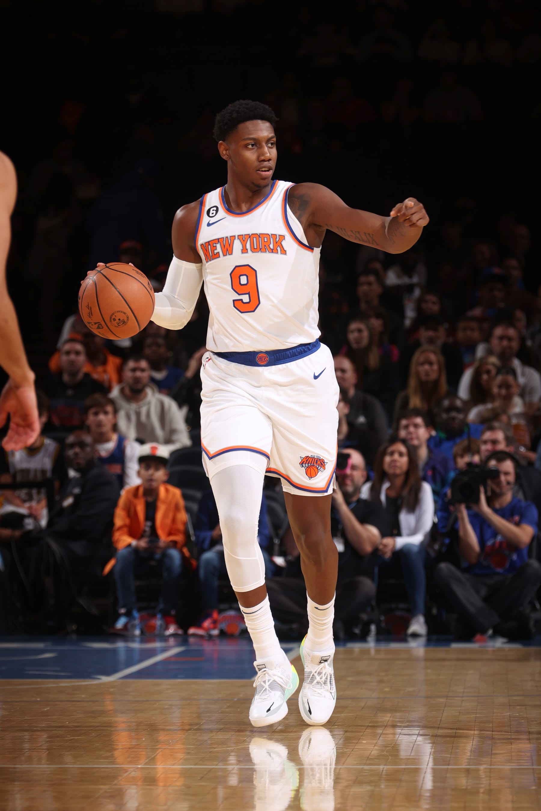 NEW YORK, NY - OCTOBER 7: RJ Barrett #9 of the New York Knicks dribbles the ball against the Indiana Pacers during a preseason game on October 7, 2022 at Madison Square Garden in New York City, New York.  NOTE TO USER: User expressly acknowledges and agrees that, by downloading and or using this photograph, User is consenting to the terms and conditions of the Getty Images License Agreement. Mandatory Copyright Notice: Copyright 2022 NBAE  (Photo by Nathaniel S. Butler/NBAE via Getty Images)
